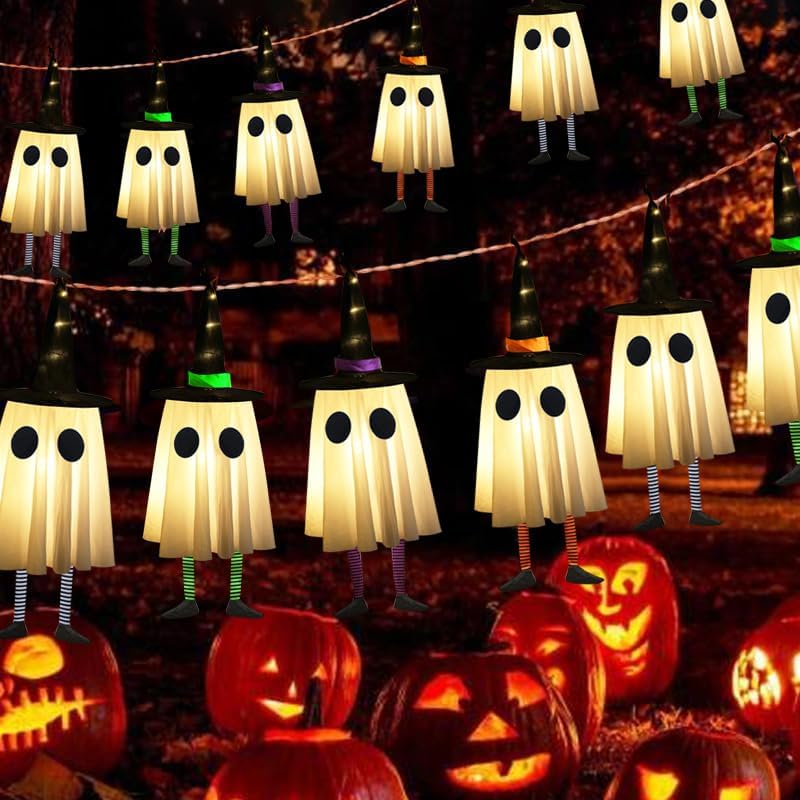 Set of 3 Halloween Hanging Ghosts, Halloween Decorations Outdoor Hanging Ghosts with Witch Hat,Glowing Ghost Witch Hat Lights, Halloween Ghost Decor for Yard Patio Garden Tree Outside(3 Ghost Lighted)