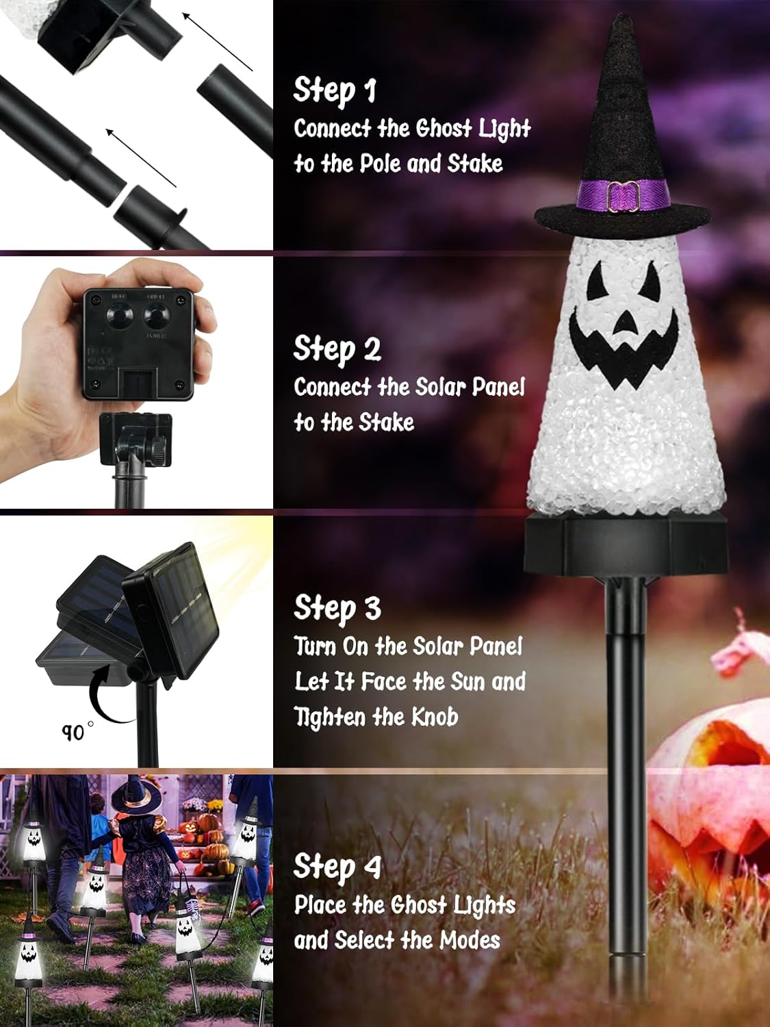 6 Pack Ghost Halloween Solar Decorations Outdoor Pathway Lights, Waterproof Solar Halloween Lights with 2 Modes, Orange Purple and Green Stake Lights for Garden Yard Lawn Walkway Party Decor