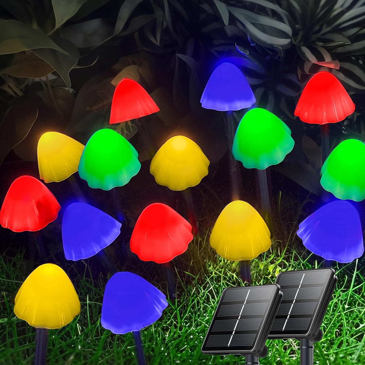 2PK 55FT 32LED Orange and Green Solar Mushroom Lights Outdoor, Solar String Light with 8 Lighting Modes Auto On/Off, Halloween Garden Lights for Witch Decorations