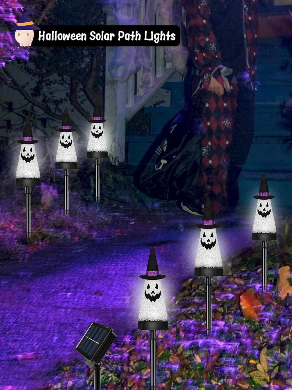 6 Pack Ghost Halloween Solar Decorations Outdoor Pathway Lights, Waterproof Solar Halloween Lights with 2 Modes, Orange Purple and Green Stake Lights for Garden Yard Lawn Walkway Party Decor