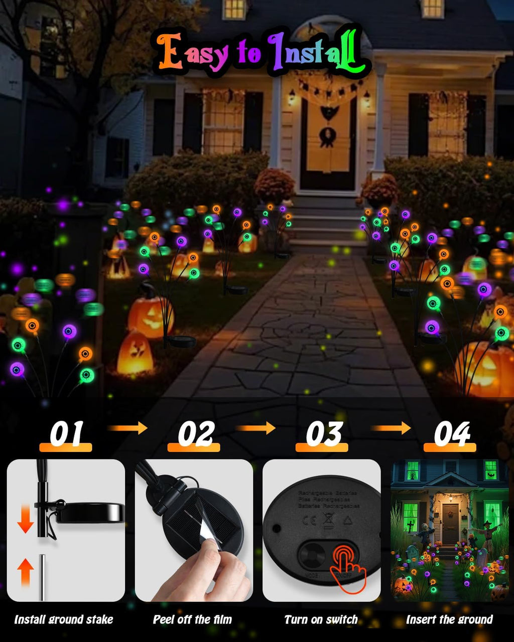 6Pack 36LED Purple, Orange and Green Spider Solar Halloween Lights Outdoor, Solar Swaying Firefly Lights with Spider, Waterproof for Yard, Garden, Pathway, Halloween Decorations