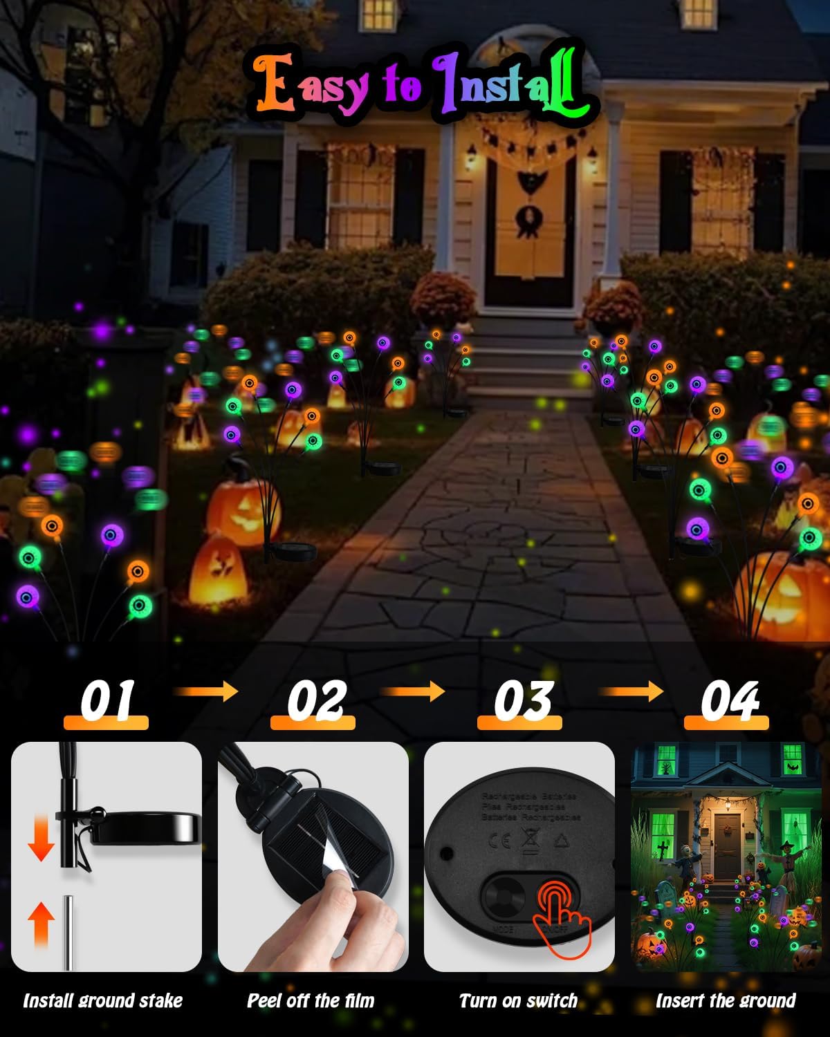 6Pack 36LED Purple, Orange and Green Spider Solar Halloween Lights Outdoor, Solar Swaying Firefly Lights with Spider, Waterproof for Yard, Garden, Pathway, Halloween Decorations
