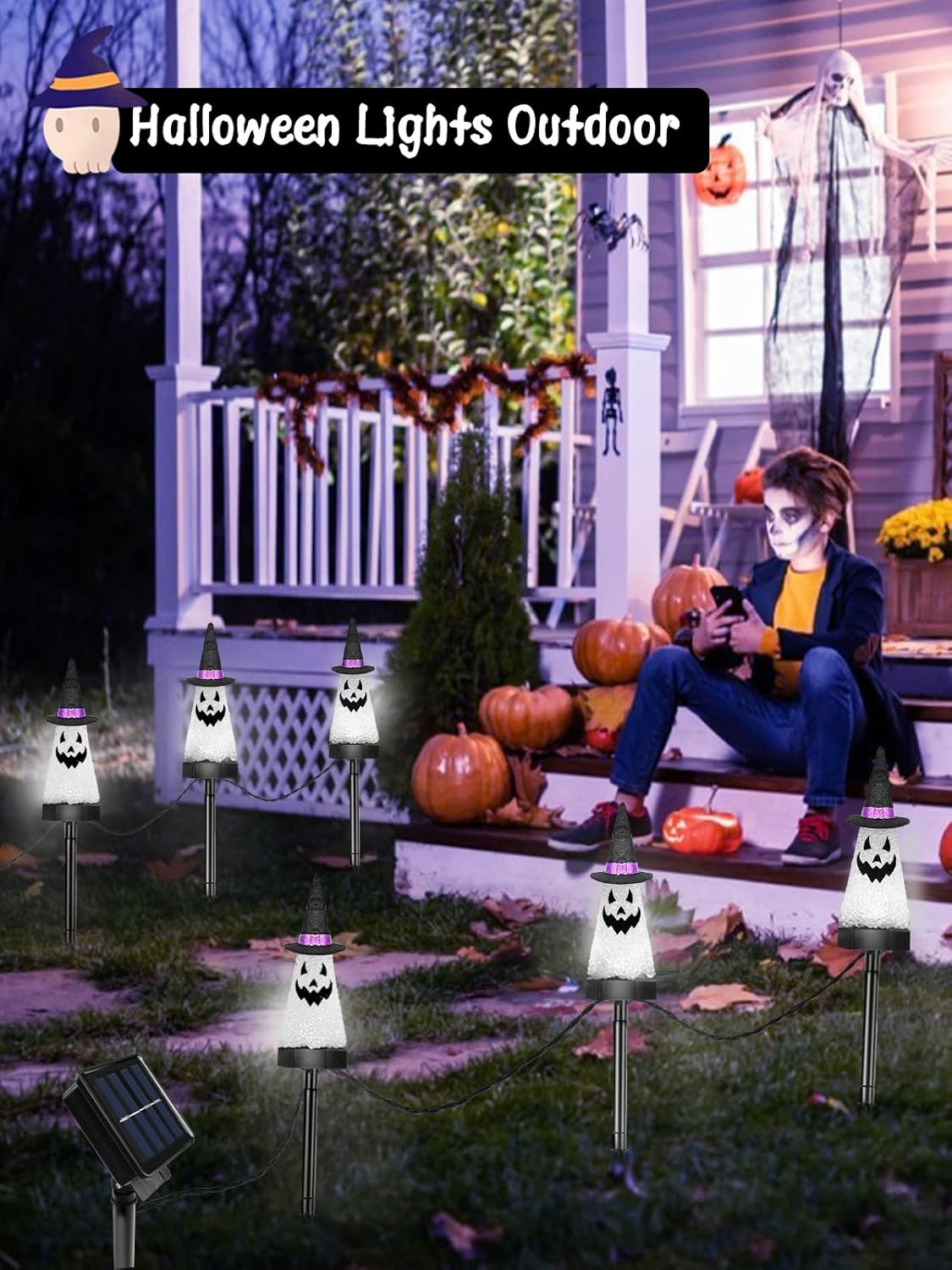 6 Pack Ghost Halloween Solar Decorations Outdoor Pathway Lights, Waterproof Solar Halloween Lights with 2 Modes, Orange Purple and Green Stake Lights for Garden Yard Lawn Walkway Party Decor