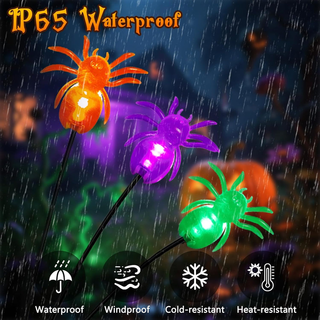 6Pack 36LED Purple, Orange and Green Spider Solar Halloween Lights Outdoor, Solar Swaying Firefly Lights with Spider, Waterproof for Yard, Garden, Pathway, Halloween Decorations