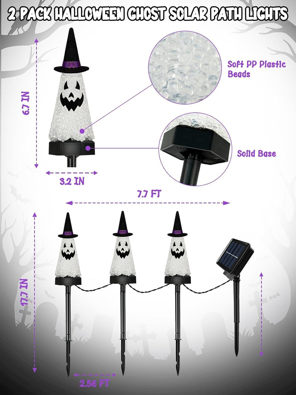 6 Pack Ghost Halloween Solar Decorations Outdoor Pathway Lights, Waterproof Solar Halloween Lights with 2 Modes, Orange Purple and Green Stake Lights for Garden Yard Lawn Walkway Party Decor