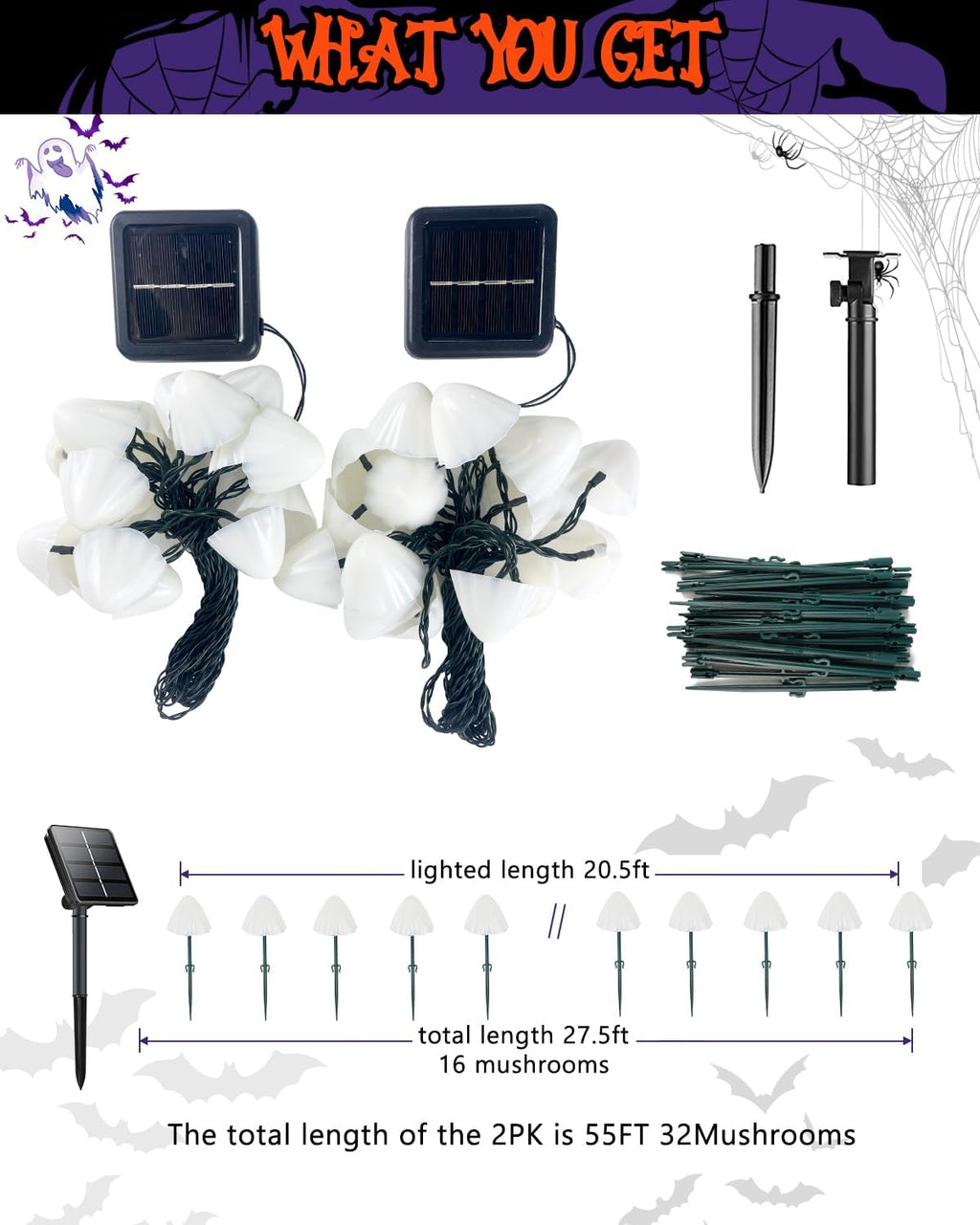 2PK 55FT 32LED Orange and Green Solar Mushroom Lights Outdoor, Solar String Light with 8 Lighting Modes Auto On/Off, Halloween Garden Lights for Witch Decorations