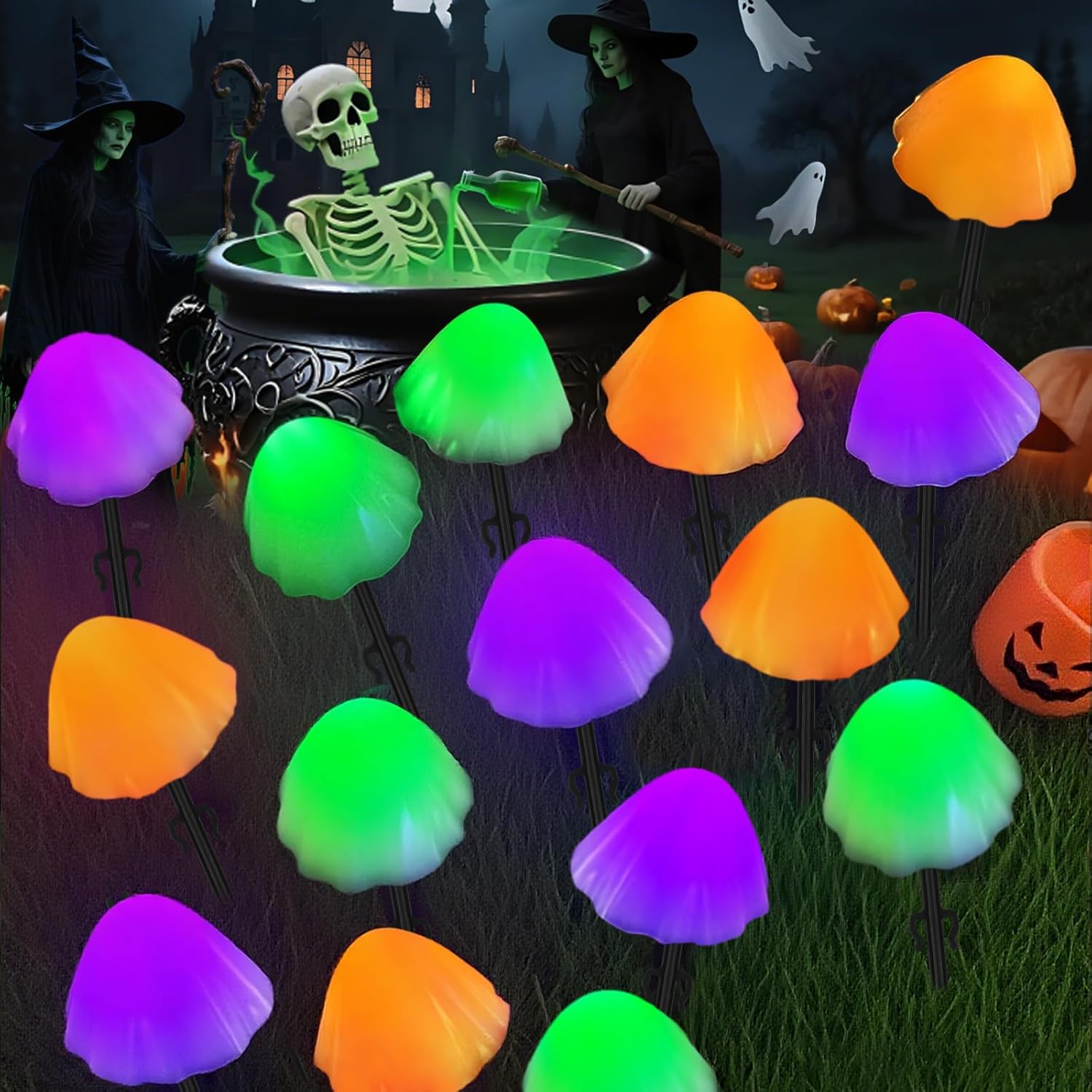 2PK 55FT 32LED Orange and Green Solar Mushroom Lights Outdoor, Solar String Light with 8 Lighting Modes Auto On/Off, Halloween Garden Lights for Witch Decorations