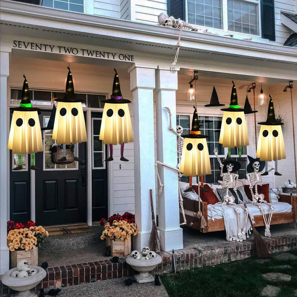 Set of 3 Halloween Hanging Ghosts, Halloween Decorations Outdoor Hanging Ghosts with Witch Hat,Glowing Ghost Witch Hat Lights, Halloween Ghost Decor for Yard Patio Garden Tree Outside(3 Ghost Lighted)