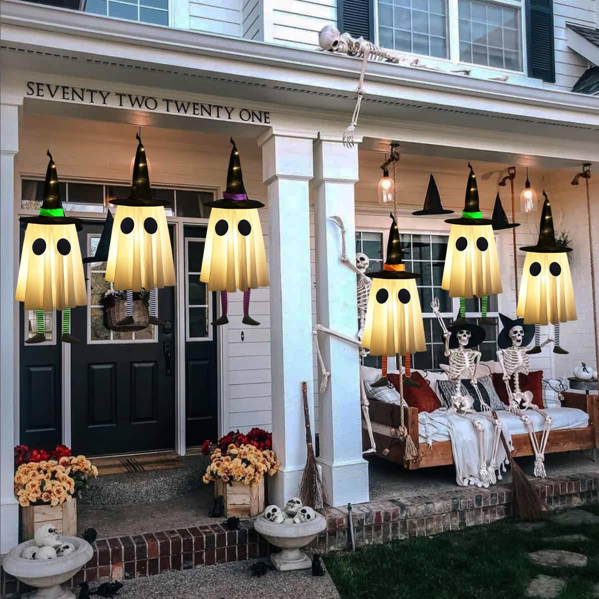 Set of 3 Halloween Hanging Ghosts, Halloween Decorations Outdoor Hanging Ghosts with Witch Hat,Glowing Ghost Witch Hat Lights, Halloween Ghost Decor for Yard Patio Garden Tree Outside(3 Ghost Lighted)