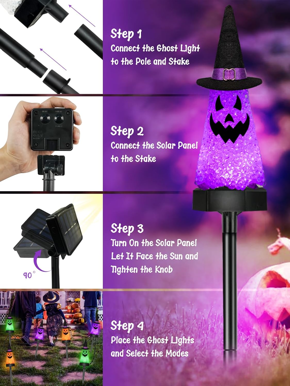 6 Pack Ghost Halloween Solar Decorations Outdoor Pathway Lights, Waterproof Solar Halloween Lights with 2 Modes, Orange Purple and Green Stake Lights for Garden Yard Lawn Walkway Party Decor