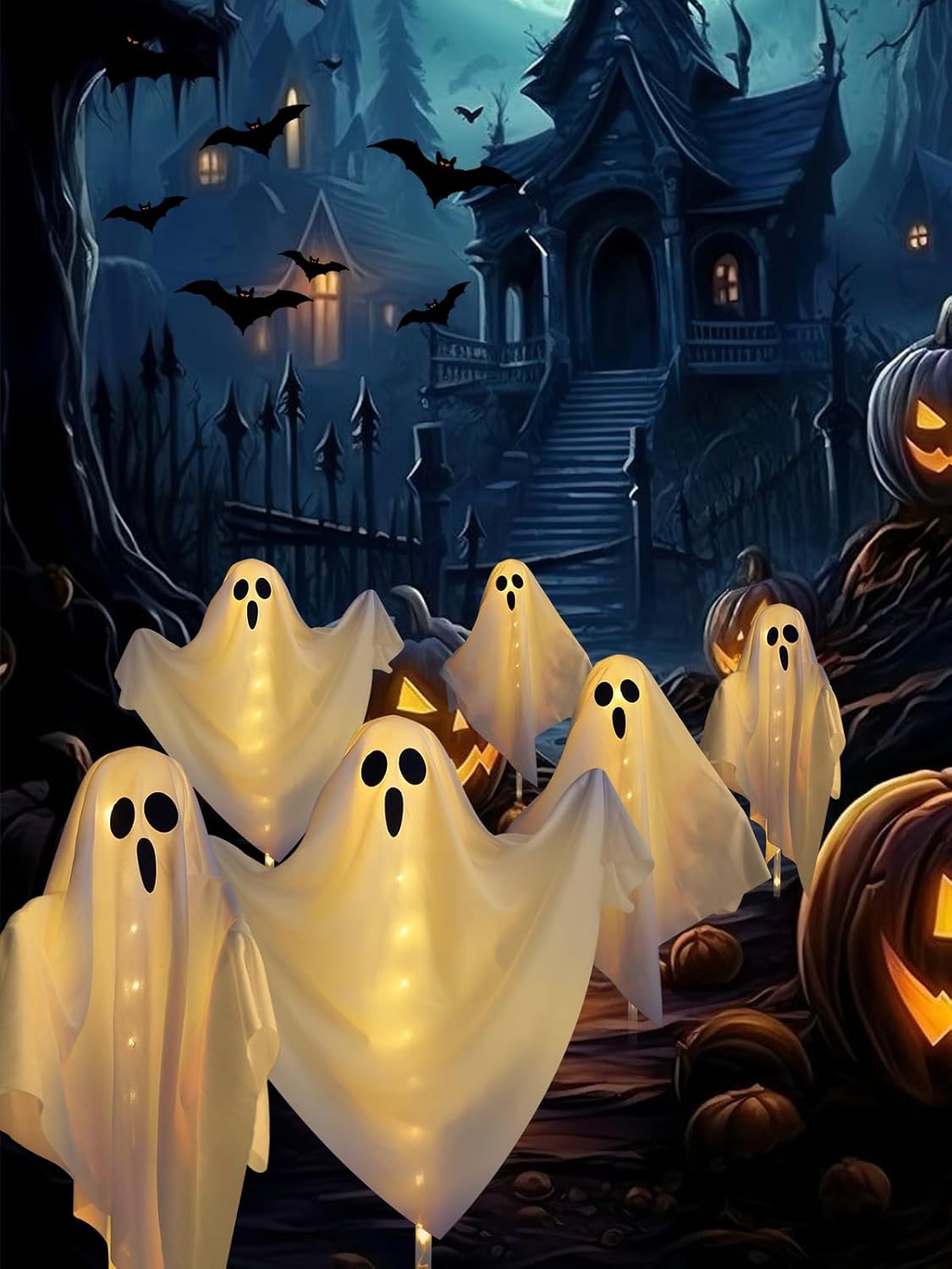 3-Pack Ghost Solar Powered Halloween Decorations Outdoor, Auto On/Off, Solar Halloween Lights for Garden Pathway Porch Yard Walkway Lawn Party Decor, 8 Modes & Waterproof Outdoor Halloween Decorations