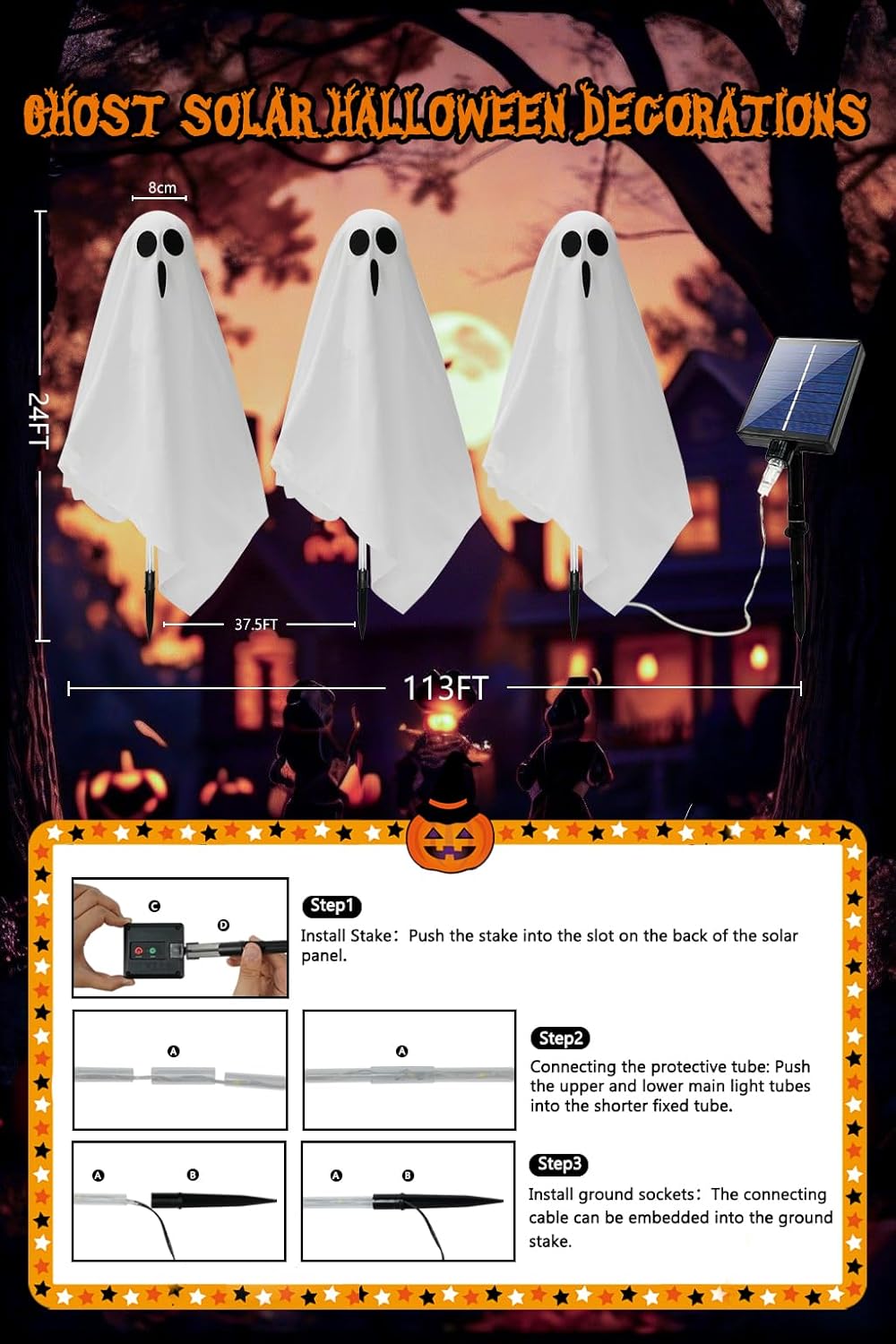 3-Pack Ghost Solar Powered Halloween Decorations Outdoor, Auto On/Off, Solar Halloween Lights for Garden Pathway Porch Yard Walkway Lawn Party Decor, 8 Modes & Waterproof Outdoor Halloween Decorations