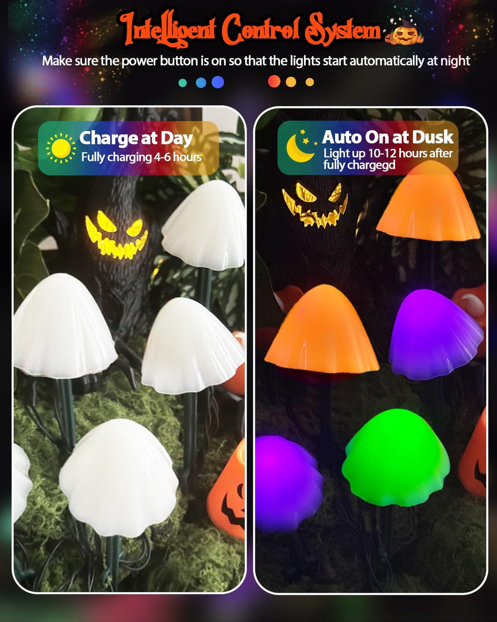 2PK 55FT 32LED Orange and Green Solar Mushroom Lights Outdoor, Solar String Light with 8 Lighting Modes Auto On/Off, Halloween Garden Lights for Witch Decorations