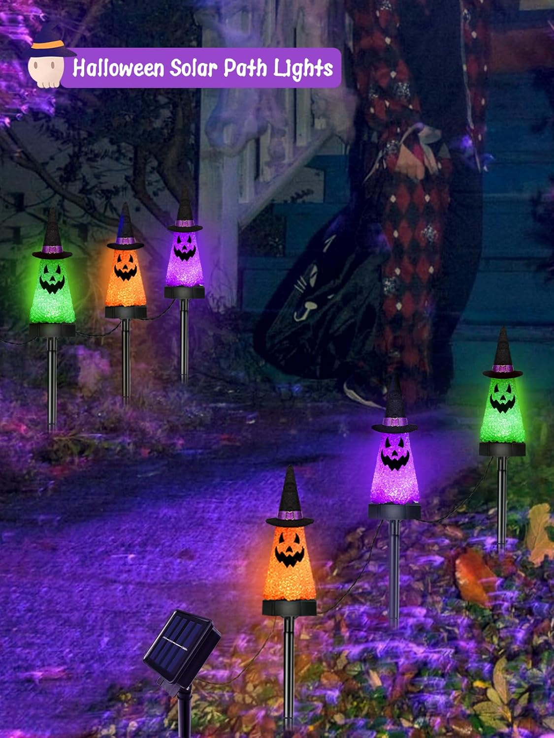 6 Pack Ghost Halloween Solar Decorations Outdoor Pathway Lights, Waterproof Solar Halloween Lights with 2 Modes, Orange Purple and Green Stake Lights for Garden Yard Lawn Walkway Party Decor