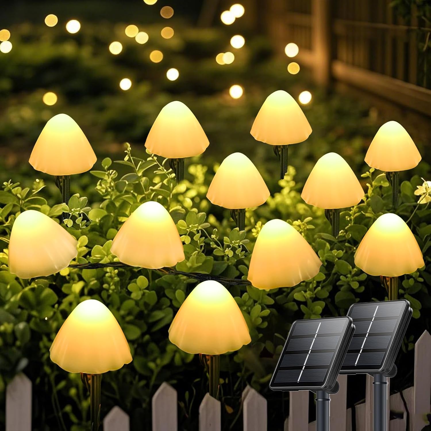 2PK 55FT 32LED Orange and Green Solar Mushroom Lights Outdoor, Solar String Light with 8 Lighting Modes Auto On/Off, Halloween Garden Lights for Witch Decorations
