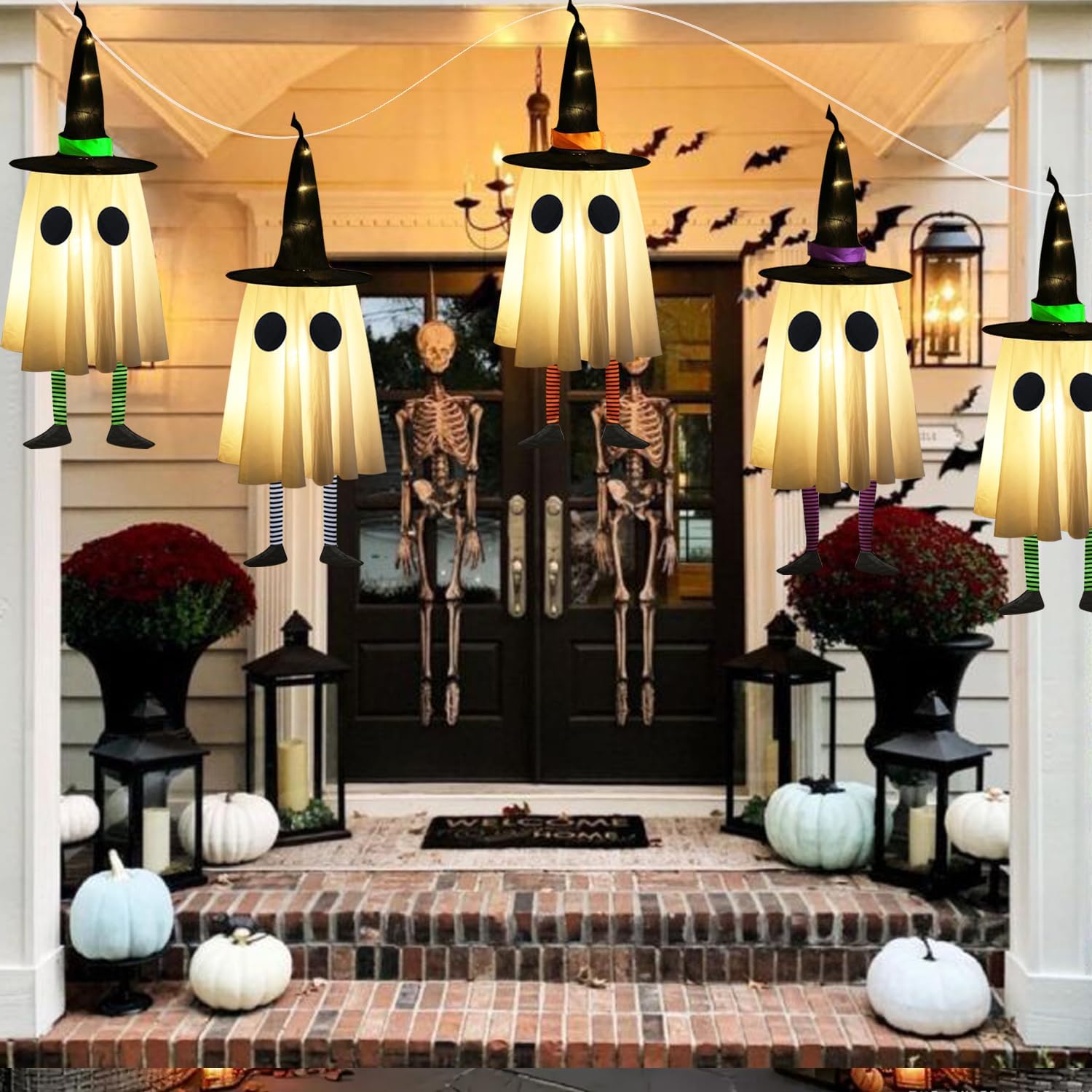 Set of 3 Halloween Hanging Ghosts, Halloween Decorations Outdoor Hanging Ghosts with Witch Hat,Glowing Ghost Witch Hat Lights, Halloween Ghost Decor for Yard Patio Garden Tree Outside(3 Ghost Lighted)