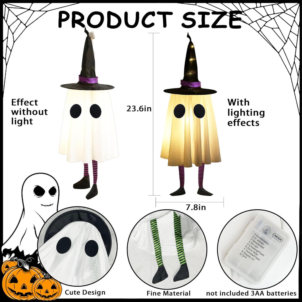 Set of 3 Halloween Hanging Ghosts, Halloween Decorations Outdoor Hanging Ghosts with Witch Hat,Glowing Ghost Witch Hat Lights, Halloween Ghost Decor for Yard Patio Garden Tree Outside(3 Ghost Lighted)