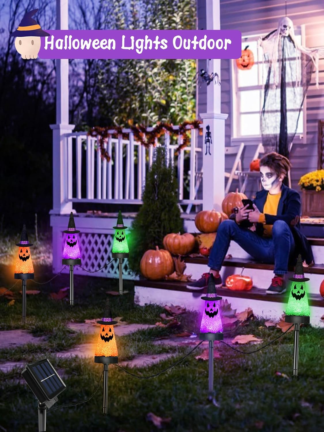6 Pack Ghost Halloween Solar Decorations Outdoor Pathway Lights, Waterproof Solar Halloween Lights with 2 Modes, Orange Purple and Green Stake Lights for Garden Yard Lawn Walkway Party Decor