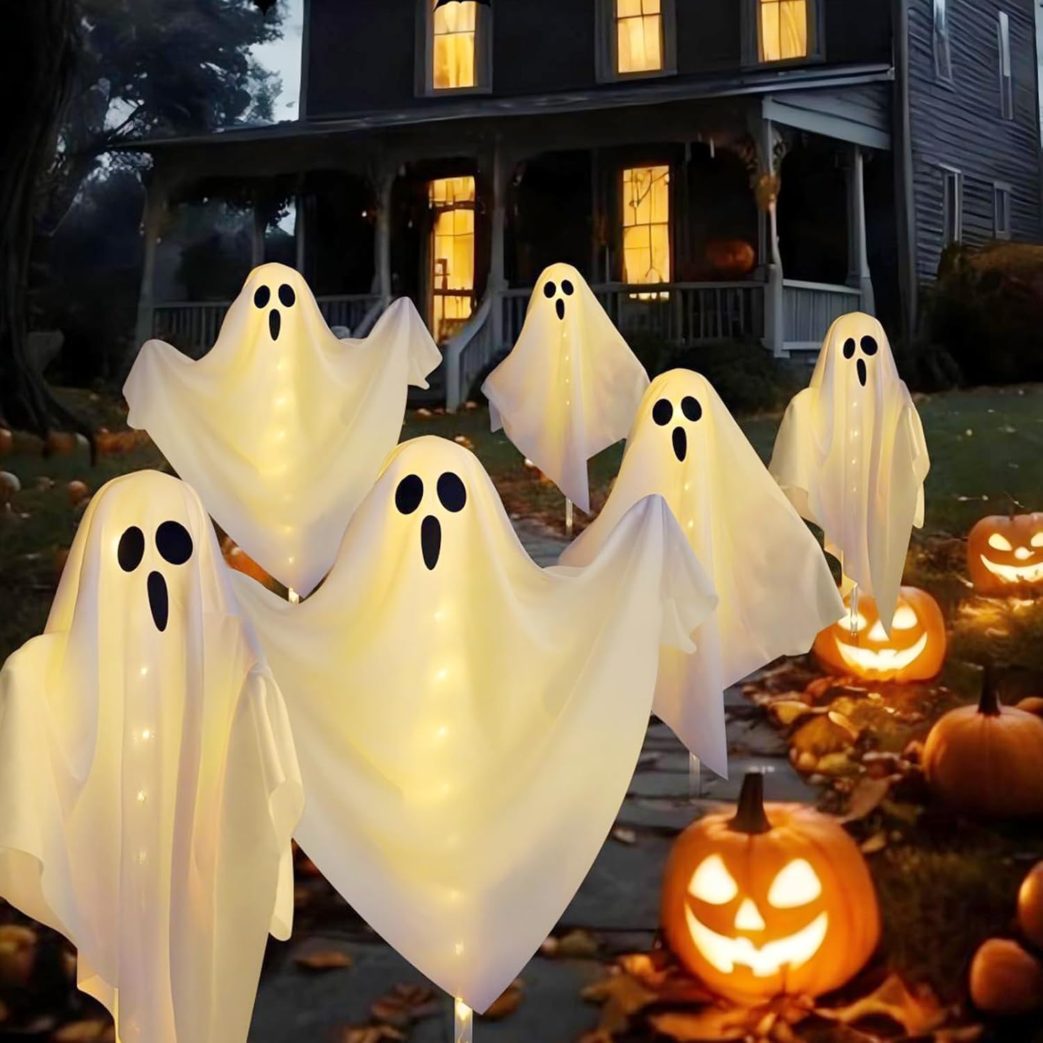 3-Pack Ghost Solar Powered Halloween Decorations Outdoor, Auto On/Off, Solar Halloween Lights for Garden Pathway Porch Yard Walkway Lawn Party Decor, 8 Modes & Waterproof Outdoor Halloween Decorations