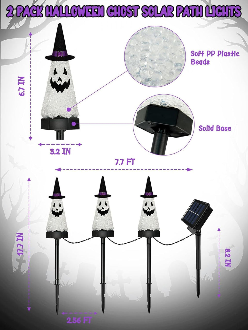 6 Pack Ghost Halloween Solar Decorations Outdoor Pathway Lights, Waterproof Solar Halloween Lights with 2 Modes, Orange Purple and Green Stake Lights for Garden Yard Lawn Walkway Party Decor