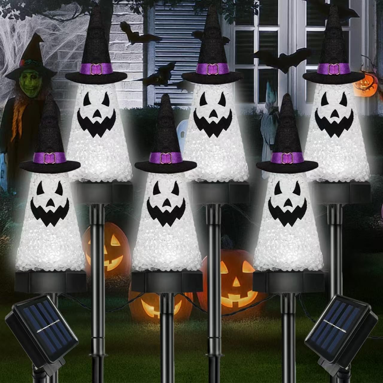 6 Pack Ghost Halloween Solar Decorations Outdoor Pathway Lights, Waterproof Solar Halloween Lights with 2 Modes, Orange Purple and Green Stake Lights for Garden Yard Lawn Walkway Party Decor