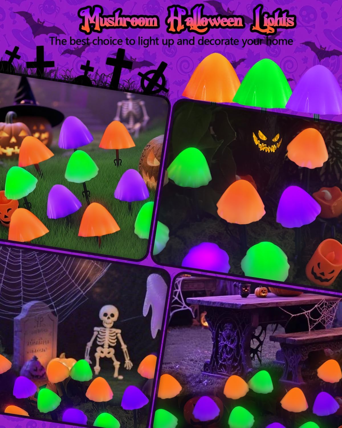 2PK 55FT 32LED Orange and Green Solar Mushroom Lights Outdoor, Solar String Light with 8 Lighting Modes Auto On/Off, Halloween Garden Lights for Witch Decorations