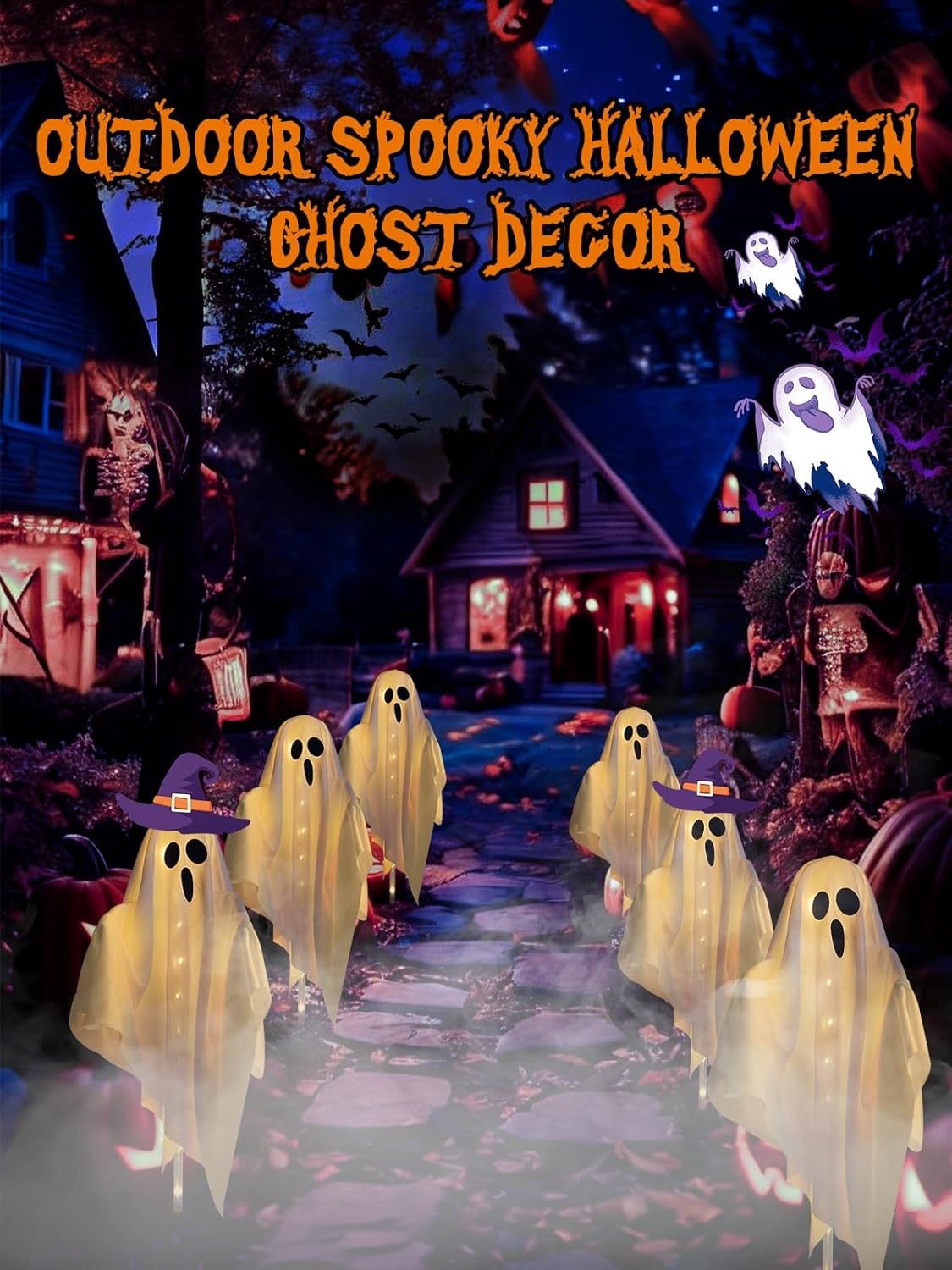 3-Pack Ghost Solar Powered Halloween Decorations Outdoor, Auto On/Off, Solar Halloween Lights for Garden Pathway Porch Yard Walkway Lawn Party Decor, 8 Modes & Waterproof Outdoor Halloween Decorations