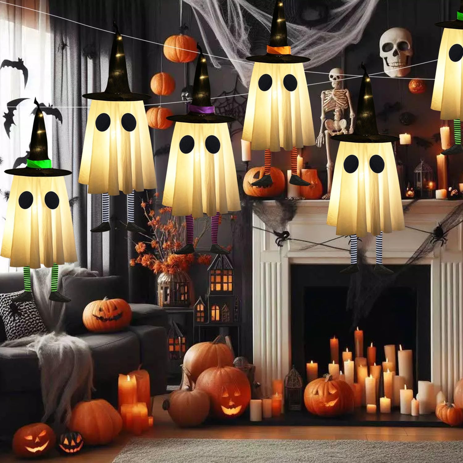 Set of 3 Halloween Hanging Ghosts, Halloween Decorations Outdoor Hanging Ghosts with Witch Hat,Glowing Ghost Witch Hat Lights, Halloween Ghost Decor for Yard Patio Garden Tree Outside(3 Ghost Lighted)