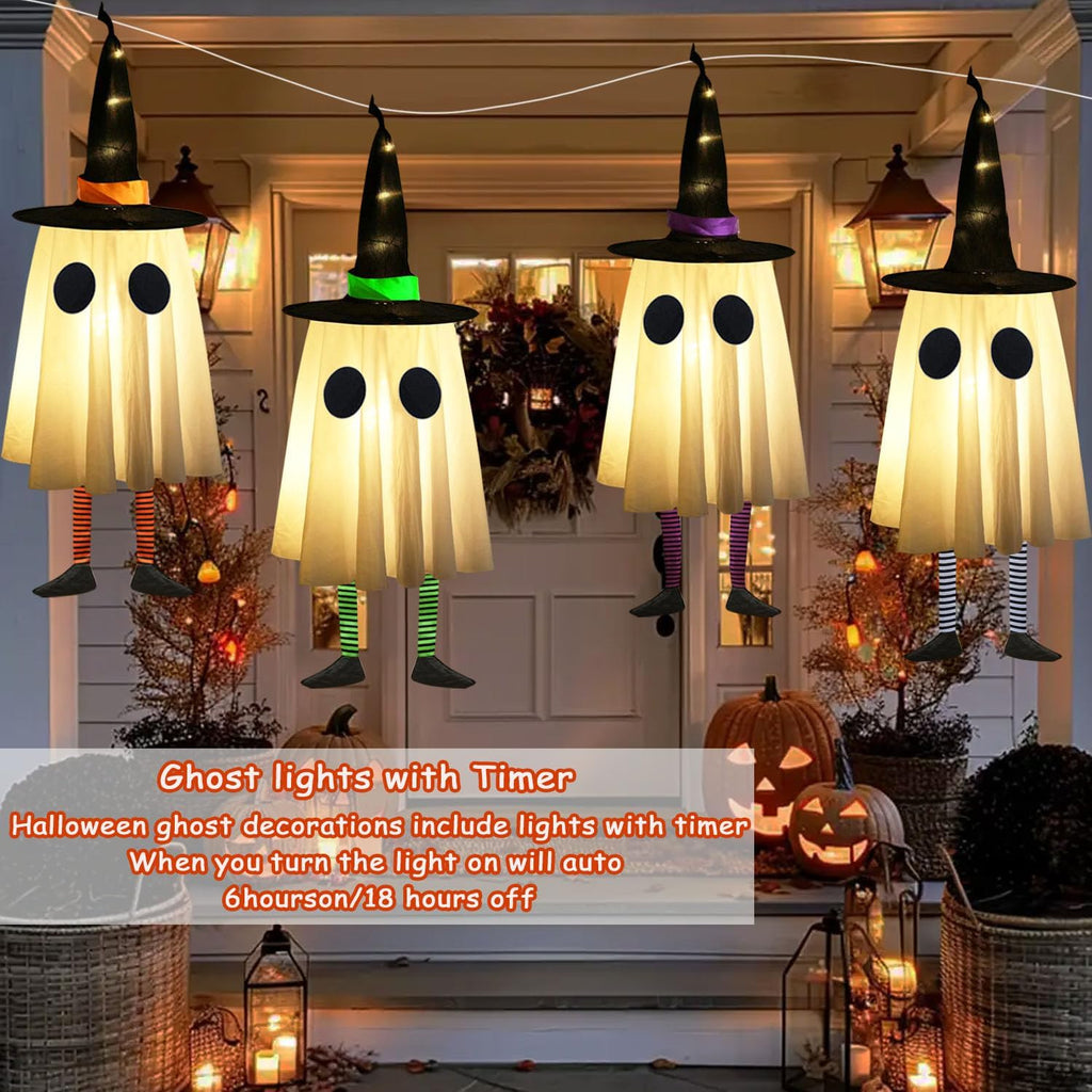 Set of 3 Halloween Hanging Ghosts, Halloween Decorations Outdoor Hanging Ghosts with Witch Hat,Glowing Ghost Witch Hat Lights, Halloween Ghost Decor for Yard Patio Garden Tree Outside(3 Ghost Lighted)