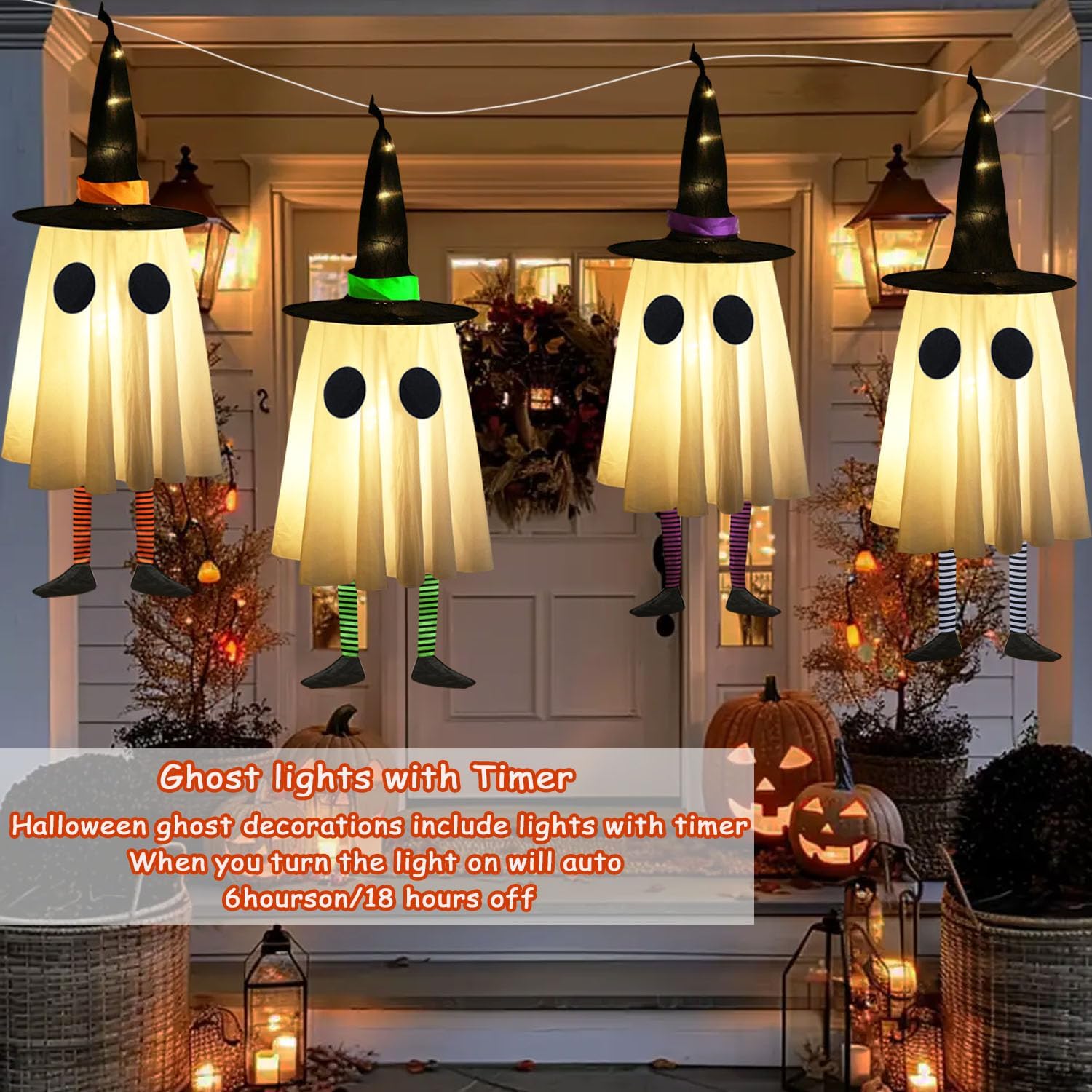 Set of 3 Halloween Hanging Ghosts, Halloween Decorations Outdoor Hanging Ghosts with Witch Hat,Glowing Ghost Witch Hat Lights, Halloween Ghost Decor for Yard Patio Garden Tree Outside(3 Ghost Lighted)
