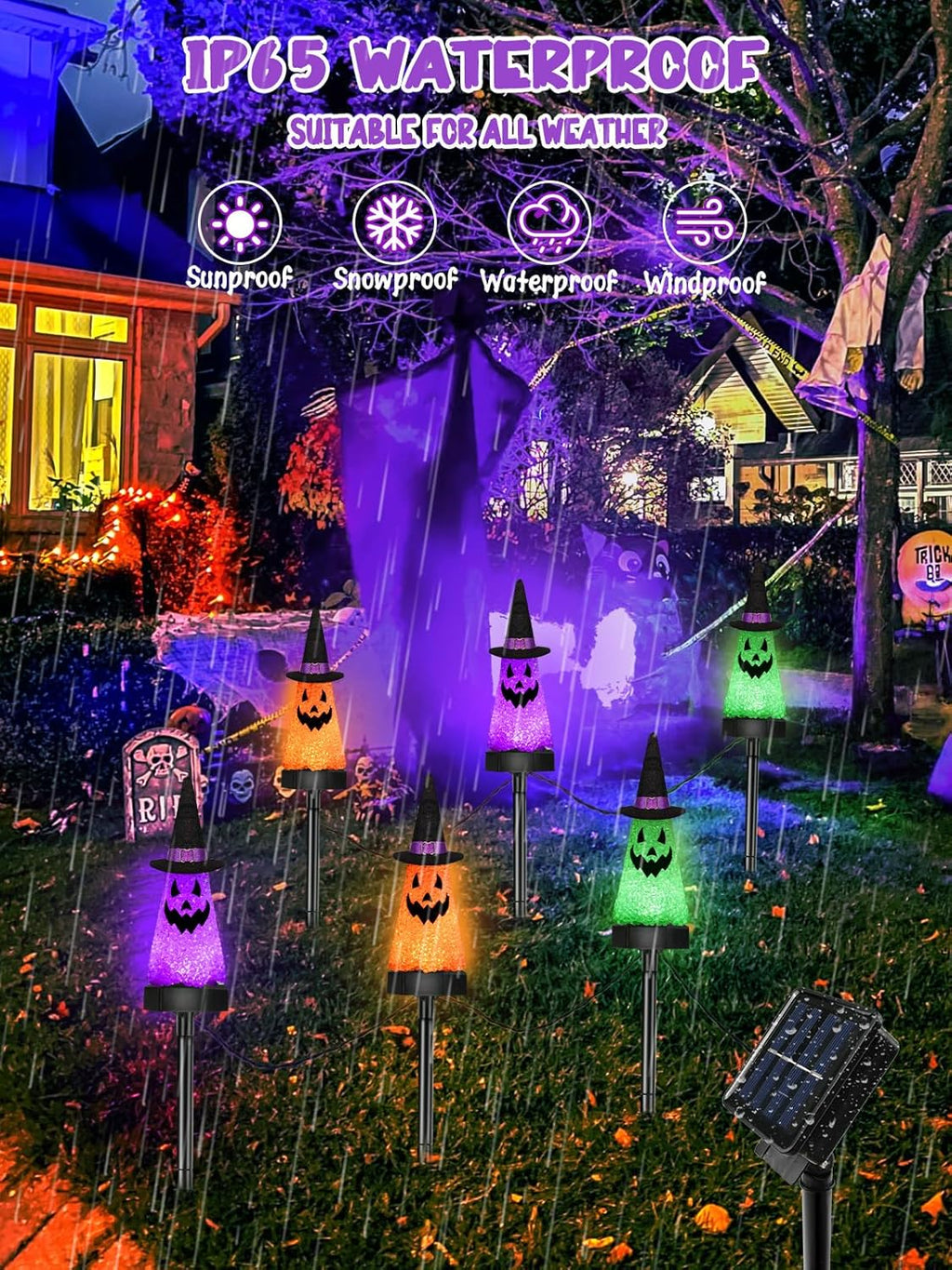 6 Pack Ghost Halloween Solar Decorations Outdoor Pathway Lights, Waterproof Solar Halloween Lights with 2 Modes, Orange Purple and Green Stake Lights for Garden Yard Lawn Walkway Party Decor
