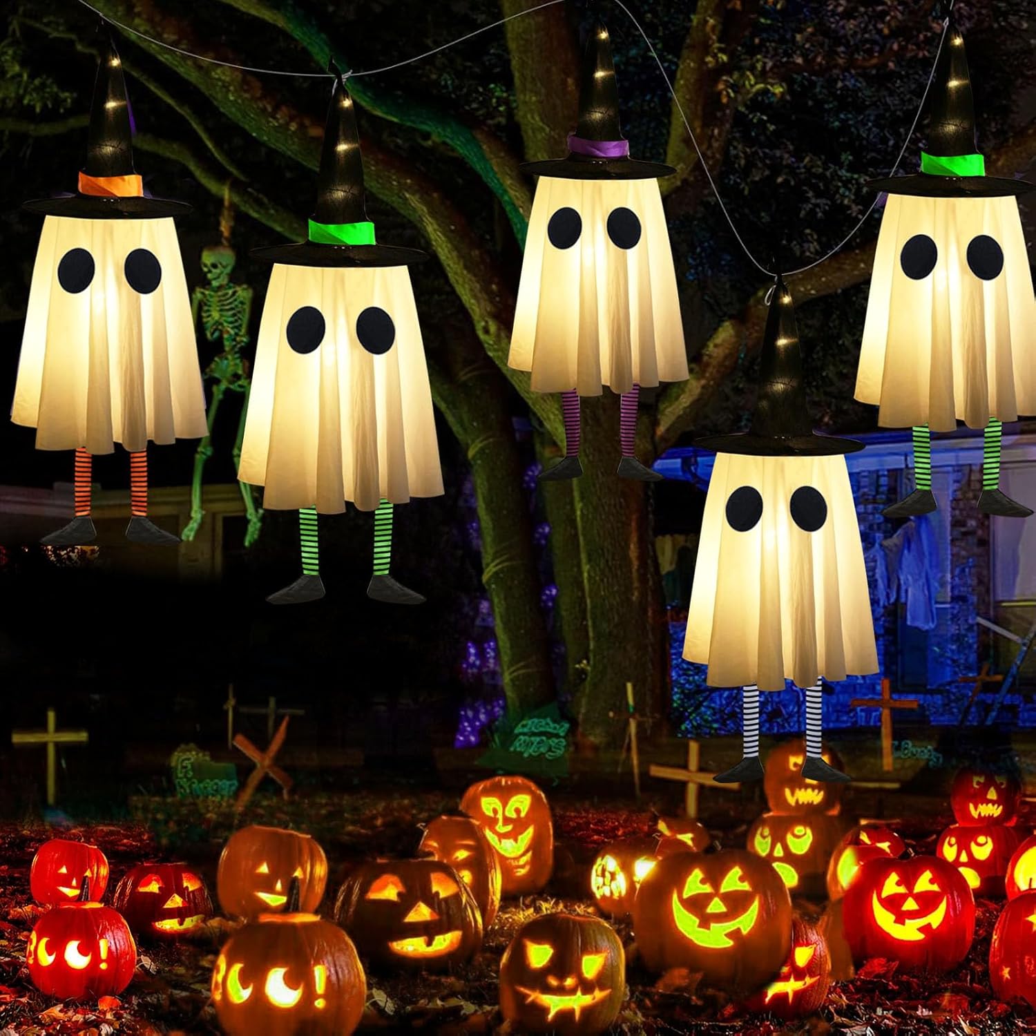 Set of 3 Halloween Hanging Ghosts, Halloween Decorations Outdoor Hanging Ghosts with Witch Hat,Glowing Ghost Witch Hat Lights, Halloween Ghost Decor for Yard Patio Garden Tree Outside(3 Ghost Lighted)