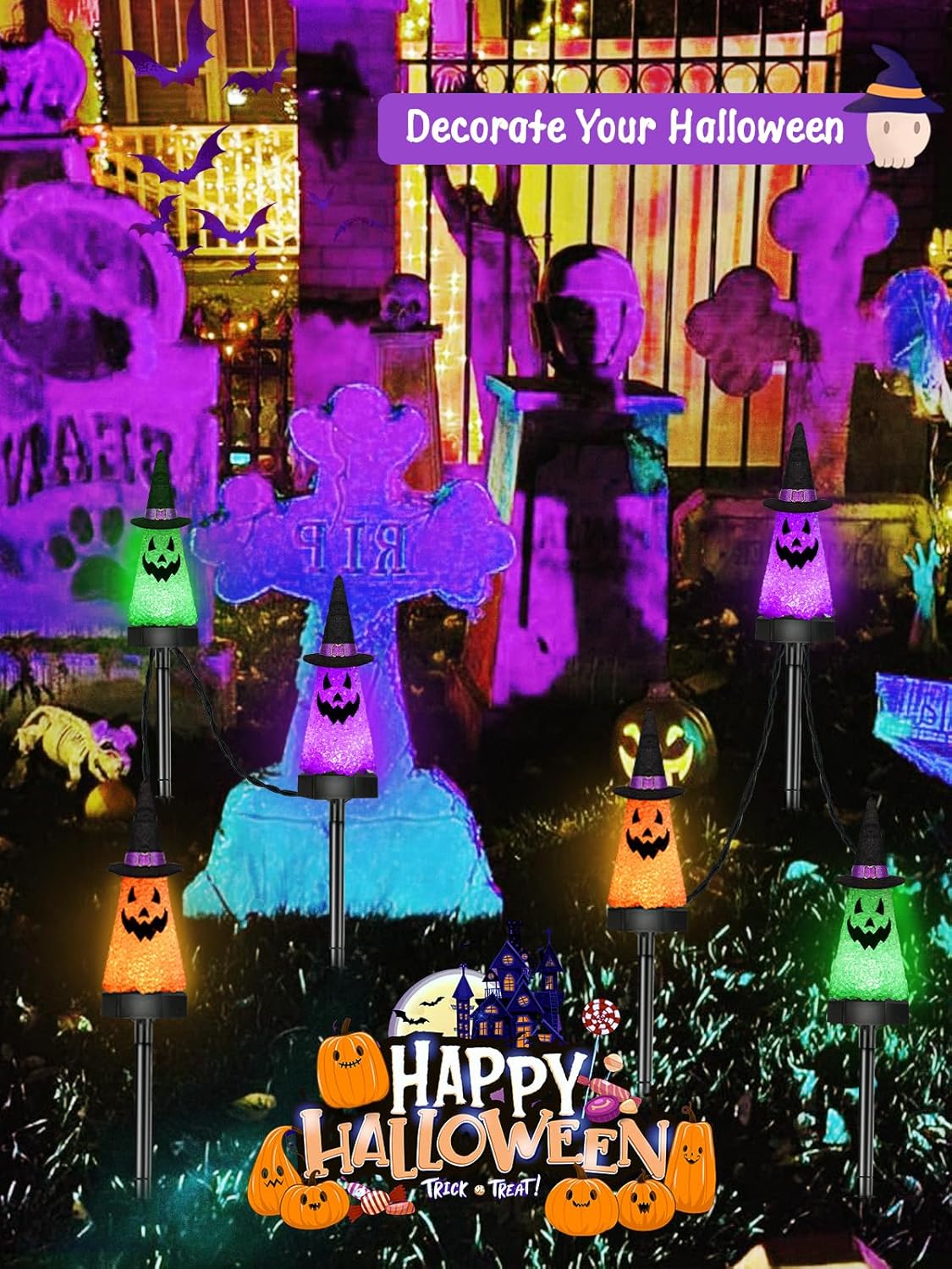 6 Pack Ghost Halloween Solar Decorations Outdoor Pathway Lights, Waterproof Solar Halloween Lights with 2 Modes, Orange Purple and Green Stake Lights for Garden Yard Lawn Walkway Party Decor