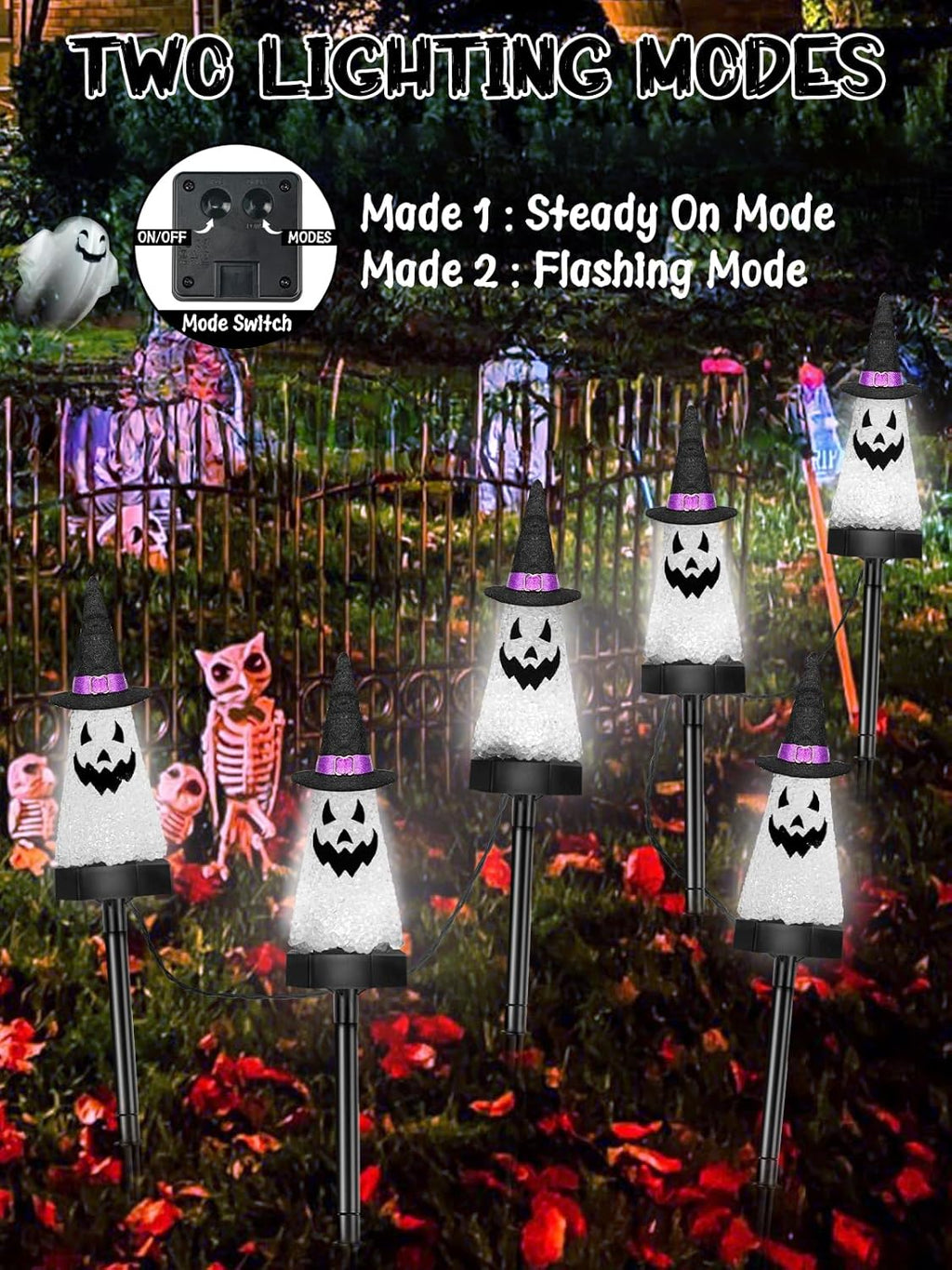 6 Pack Ghost Halloween Solar Decorations Outdoor Pathway Lights, Waterproof Solar Halloween Lights with 2 Modes, Orange Purple and Green Stake Lights for Garden Yard Lawn Walkway Party Decor
