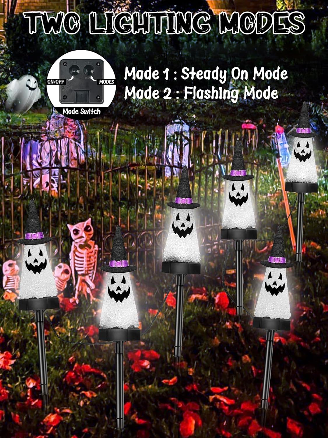 6 Pack Ghost Halloween Solar Decorations Outdoor Pathway Lights, Waterproof Solar Halloween Lights with 2 Modes, Orange Purple and Green Stake Lights for Garden Yard Lawn Walkway Party Decor