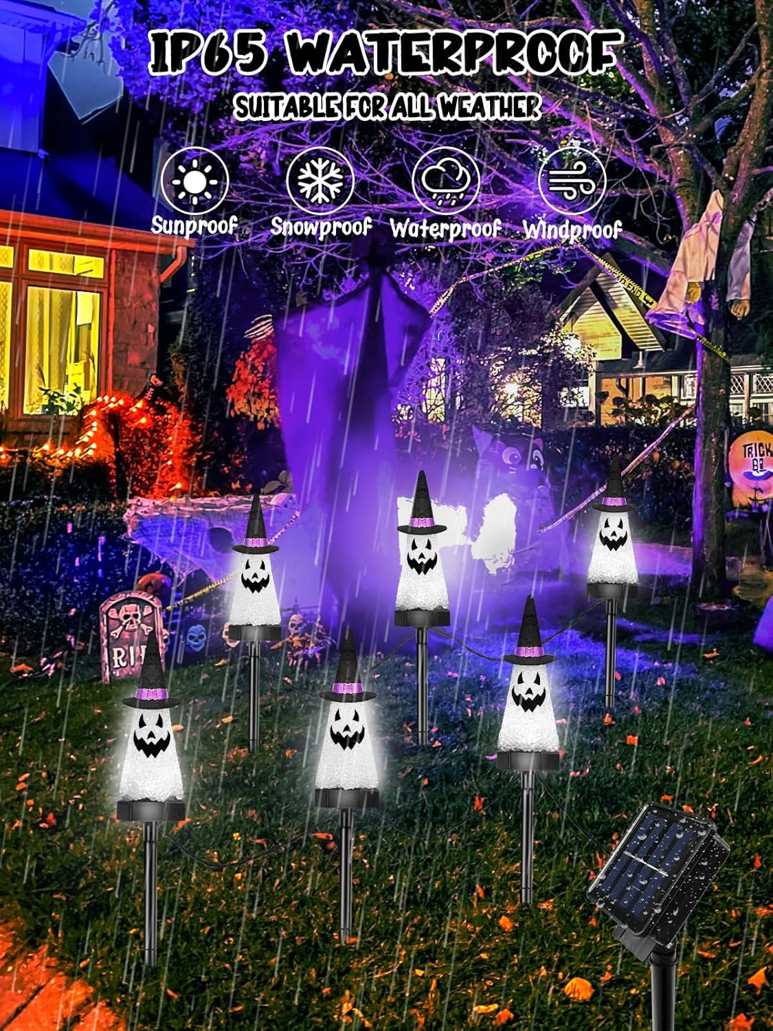 6 Pack Ghost Halloween Solar Decorations Outdoor Pathway Lights, Waterproof Solar Halloween Lights with 2 Modes, Orange Purple and Green Stake Lights for Garden Yard Lawn Walkway Party Decor