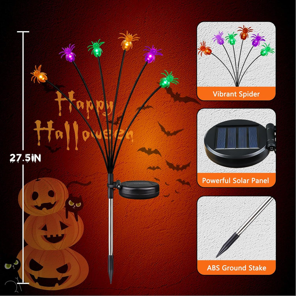 6Pack 36LED Purple, Orange and Green Spider Solar Halloween Lights Outdoor, Solar Swaying Firefly Lights with Spider, Waterproof for Yard, Garden, Pathway, Halloween Decorations