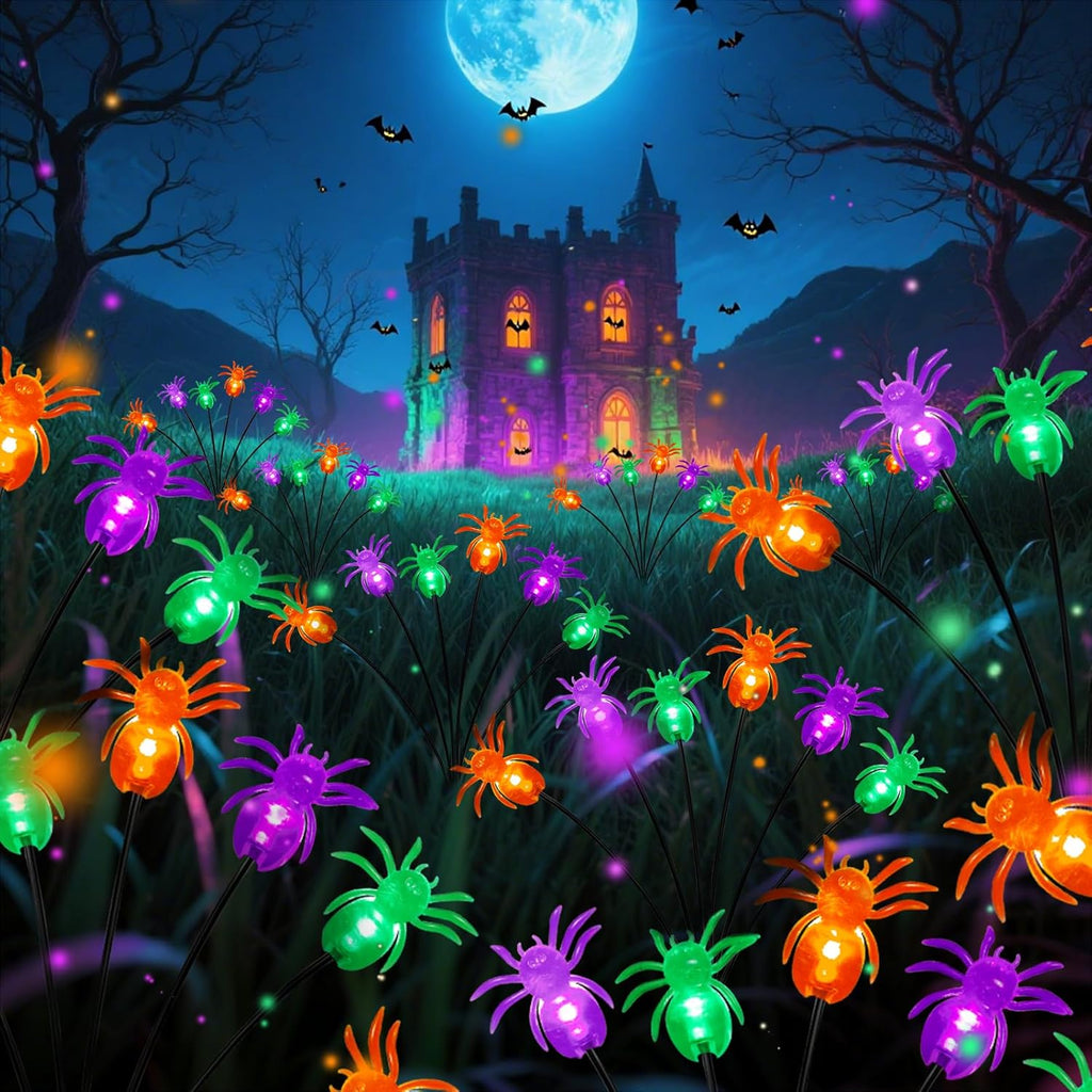 6Pack 36LED Purple, Orange and Green Spider Solar Halloween Lights Outdoor, Solar Swaying Firefly Lights with Spider, Waterproof for Yard, Garden, Pathway, Halloween Decorations