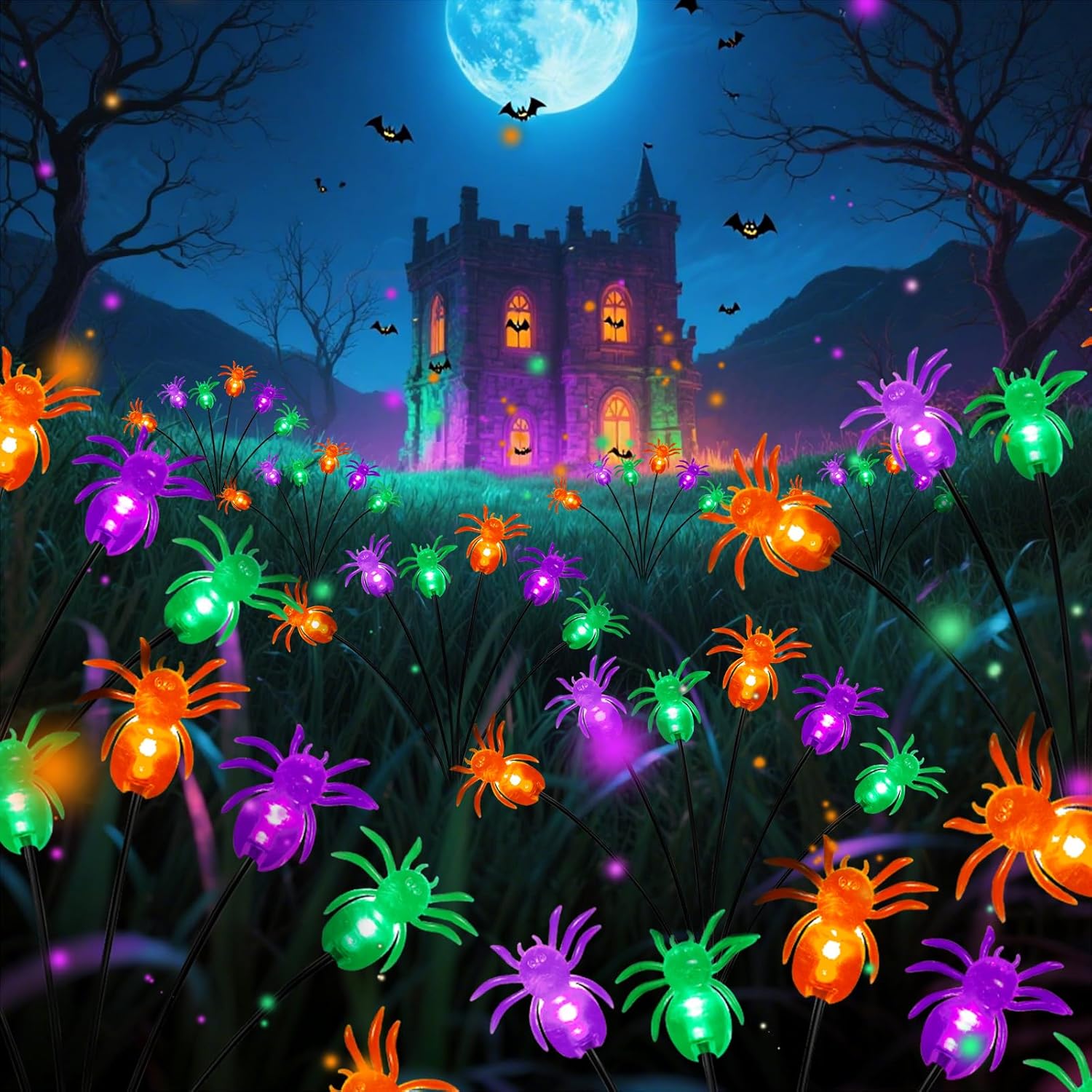 6Pack 36LED Purple, Orange and Green Spider Solar Halloween Lights Outdoor, Solar Swaying Firefly Lights with Spider, Waterproof for Yard, Garden, Pathway, Halloween Decorations