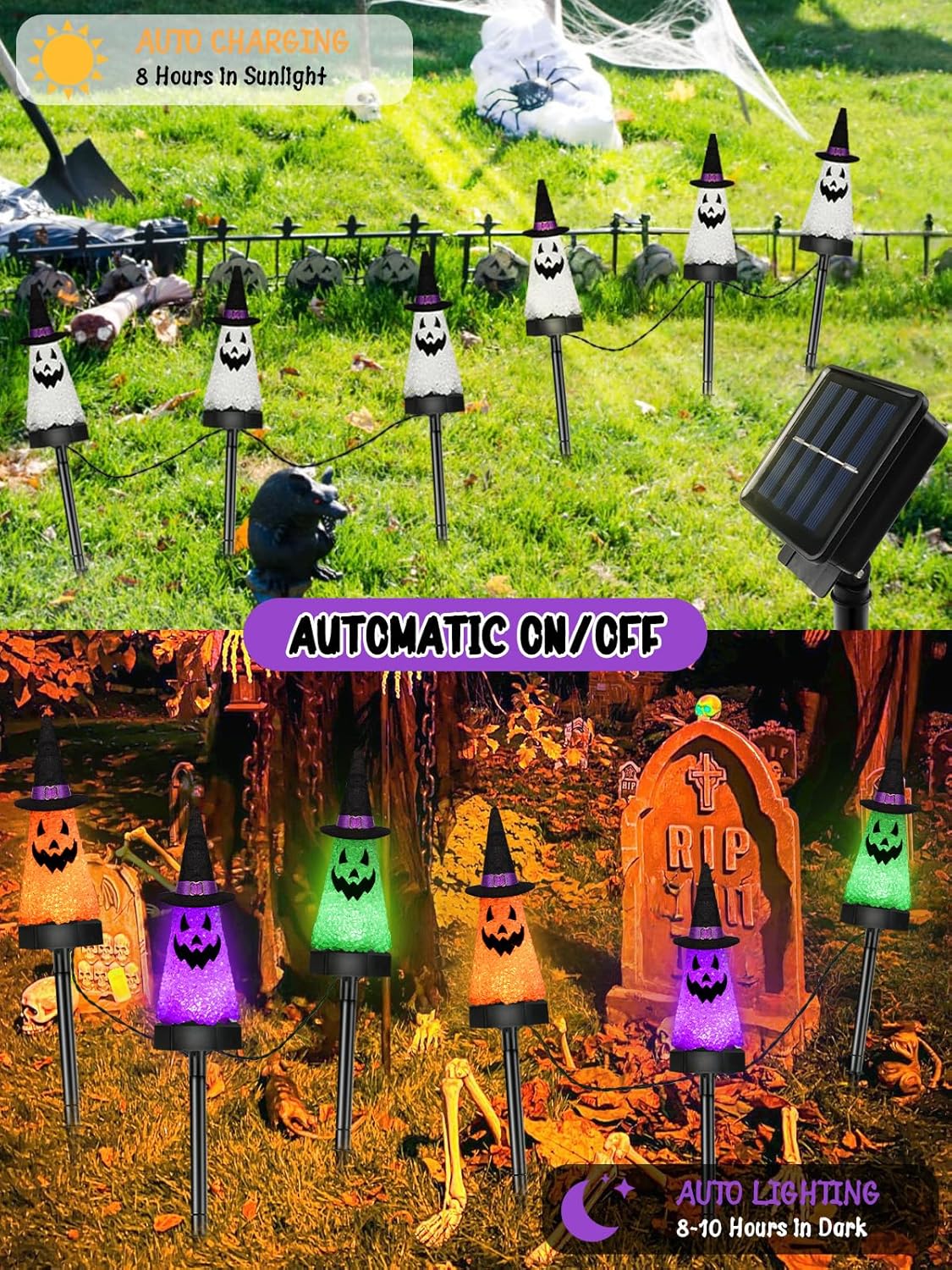 6 Pack Ghost Halloween Solar Decorations Outdoor Pathway Lights, Waterproof Solar Halloween Lights with 2 Modes, Orange Purple and Green Stake Lights for Garden Yard Lawn Walkway Party Decor