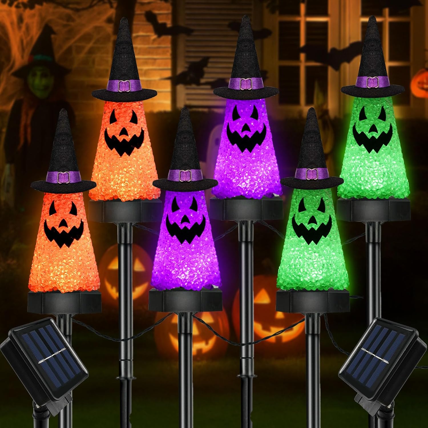 6 Pack Ghost Halloween Solar Decorations Outdoor Pathway Lights, Waterproof Solar Halloween Lights with 2 Modes, Orange Purple and Green Stake Lights for Garden Yard Lawn Walkway Party Decor