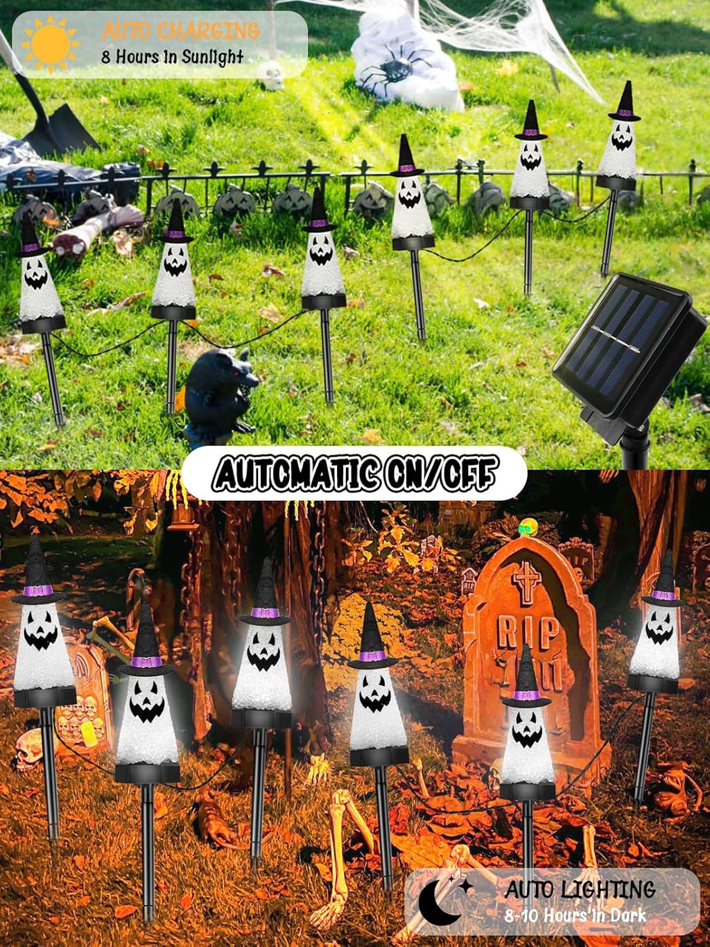 6 Pack Ghost Halloween Solar Decorations Outdoor Pathway Lights, Waterproof Solar Halloween Lights with 2 Modes, Orange Purple and Green Stake Lights for Garden Yard Lawn Walkway Party Decor