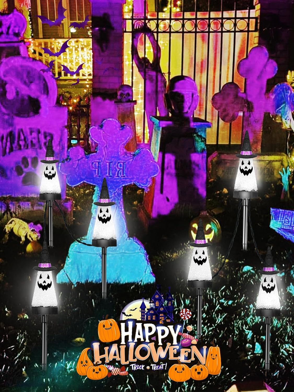 6 Pack Ghost Halloween Solar Decorations Outdoor Pathway Lights, Waterproof Solar Halloween Lights with 2 Modes, Orange Purple and Green Stake Lights for Garden Yard Lawn Walkway Party Decor
