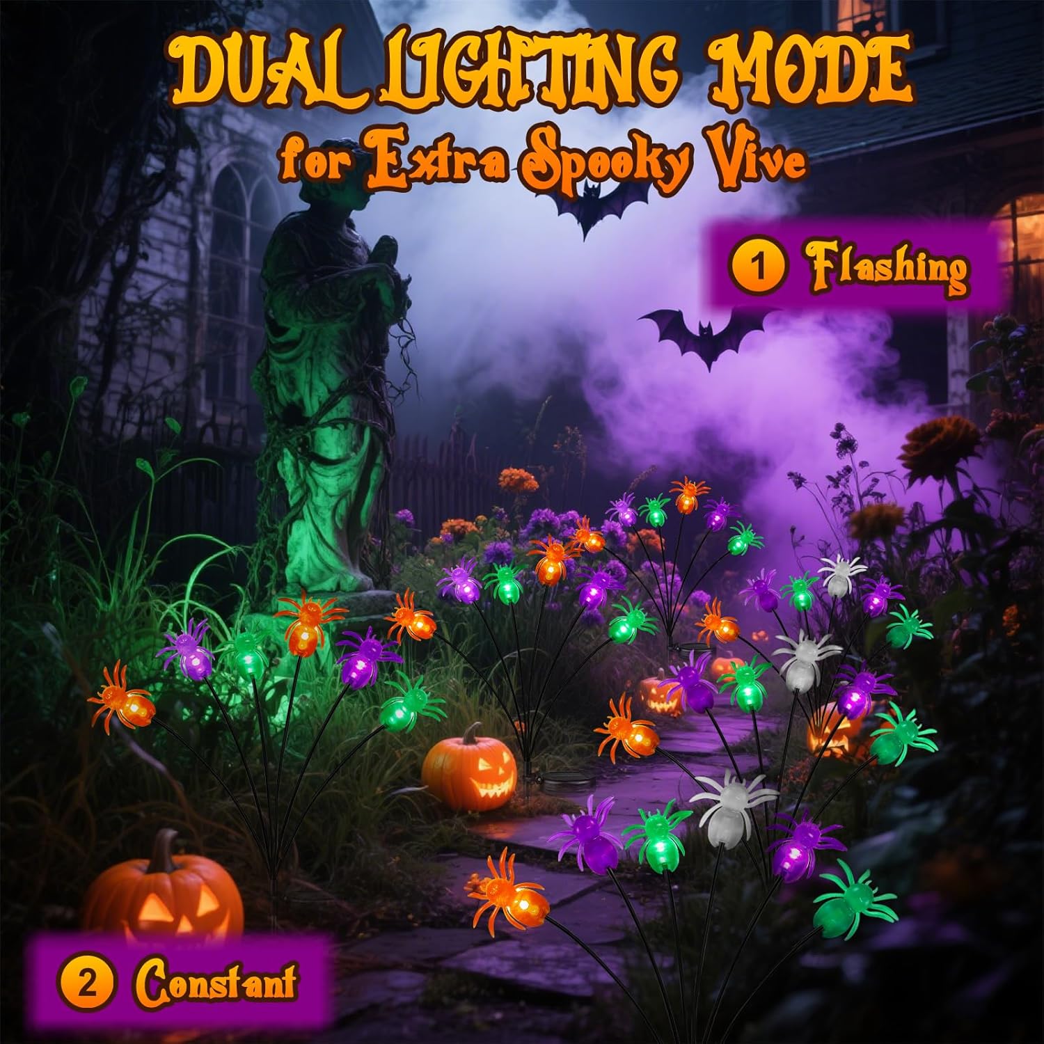 6Pack 36LED Purple, Orange and Green Spider Solar Halloween Lights Outdoor, Solar Swaying Firefly Lights with Spider, Waterproof for Yard, Garden, Pathway, Halloween Decorations
