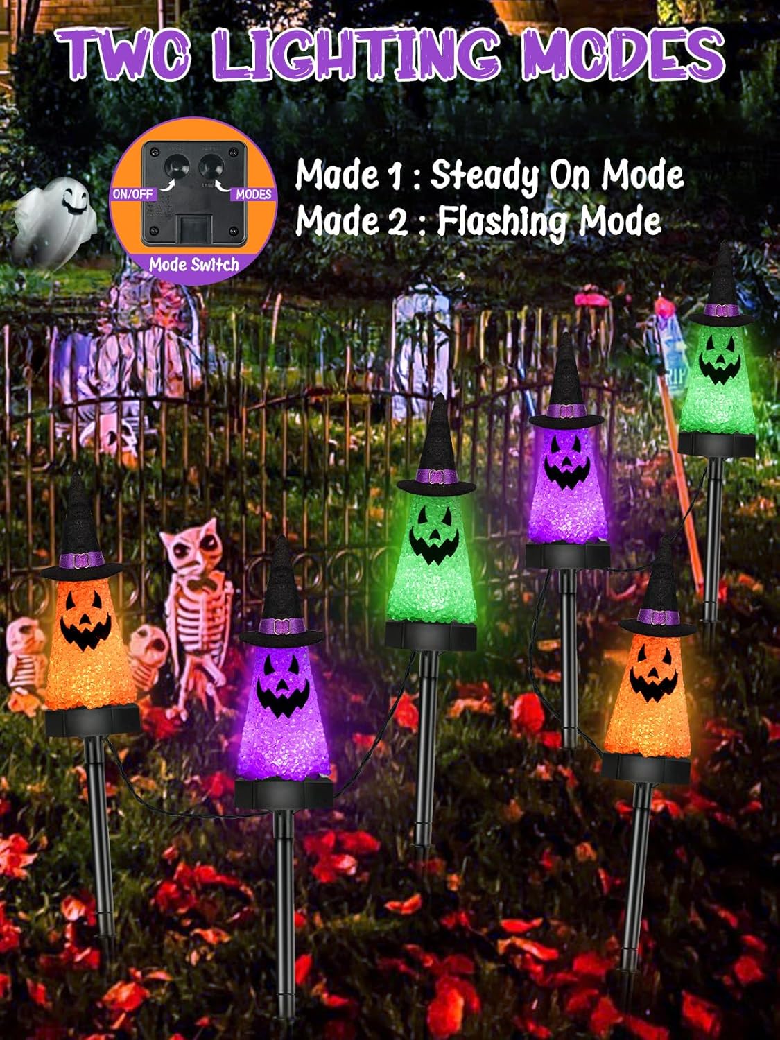 6 Pack Ghost Halloween Solar Decorations Outdoor Pathway Lights, Waterproof Solar Halloween Lights with 2 Modes, Orange Purple and Green Stake Lights for Garden Yard Lawn Walkway Party Decor