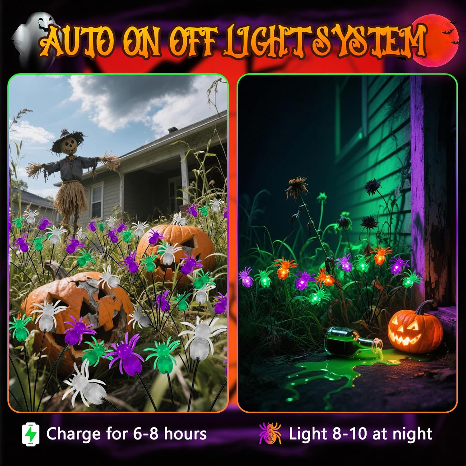 6Pack 36LED Purple, Orange and Green Spider Solar Halloween Lights Outdoor, Solar Swaying Firefly Lights with Spider, Waterproof for Yard, Garden, Pathway, Halloween Decorations