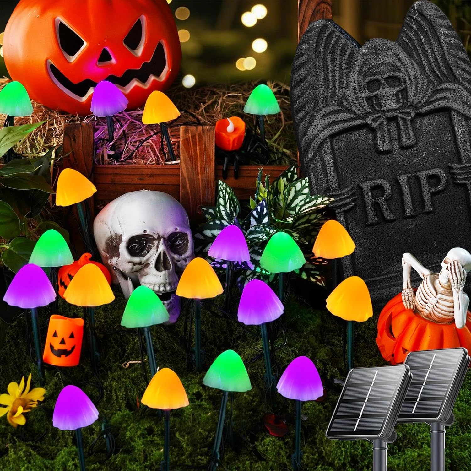 2PK 55FT 32LED Orange and Green Solar Mushroom Lights Outdoor, Solar String Light with 8 Lighting Modes Auto On/Off, Halloween Garden Lights for Witch Decorations