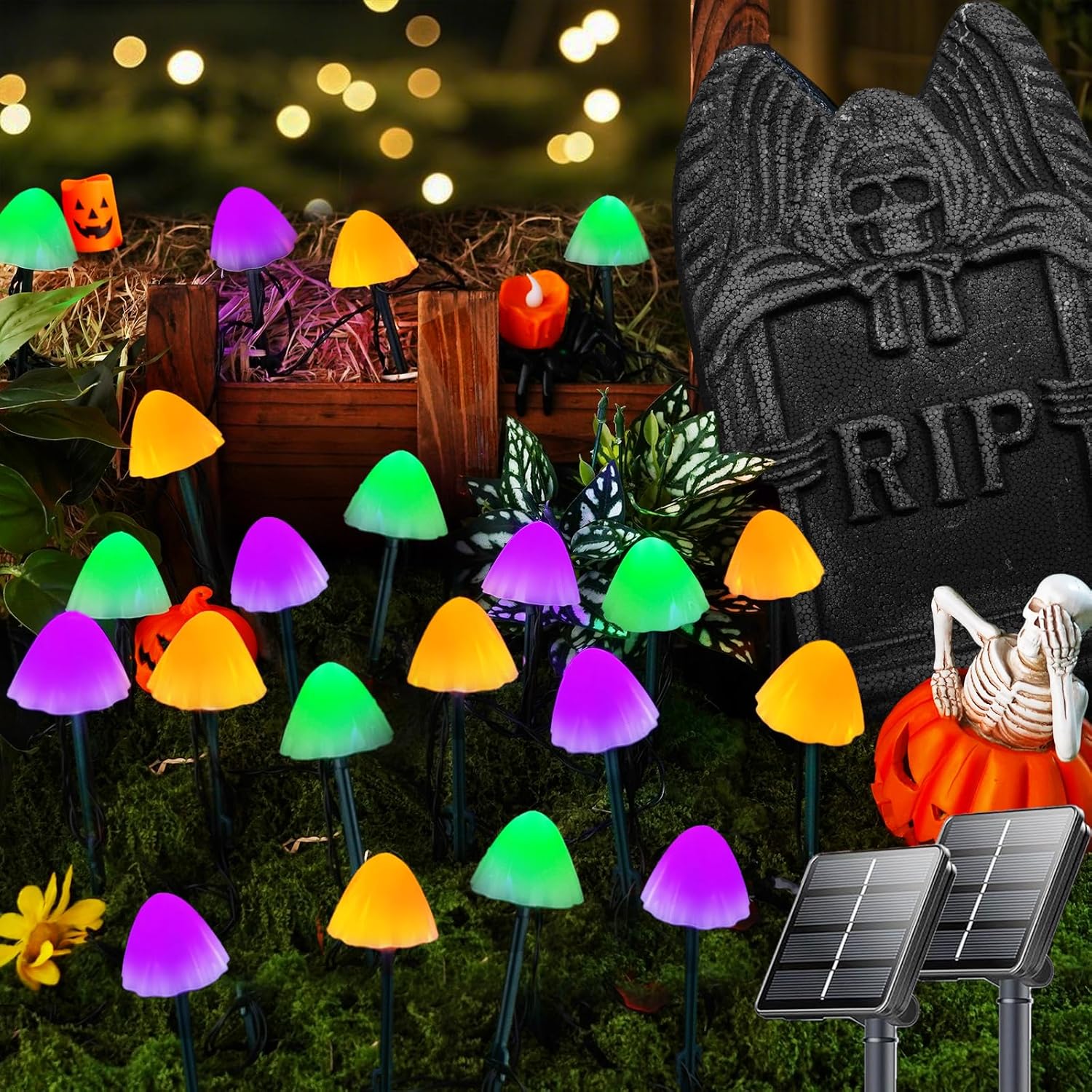 2PK 55FT 32LED Orange and Green Solar Mushroom Lights Outdoor, Solar String Light with 8 Lighting Modes Auto On/Off, Halloween Garden Lights for Witch Decorations