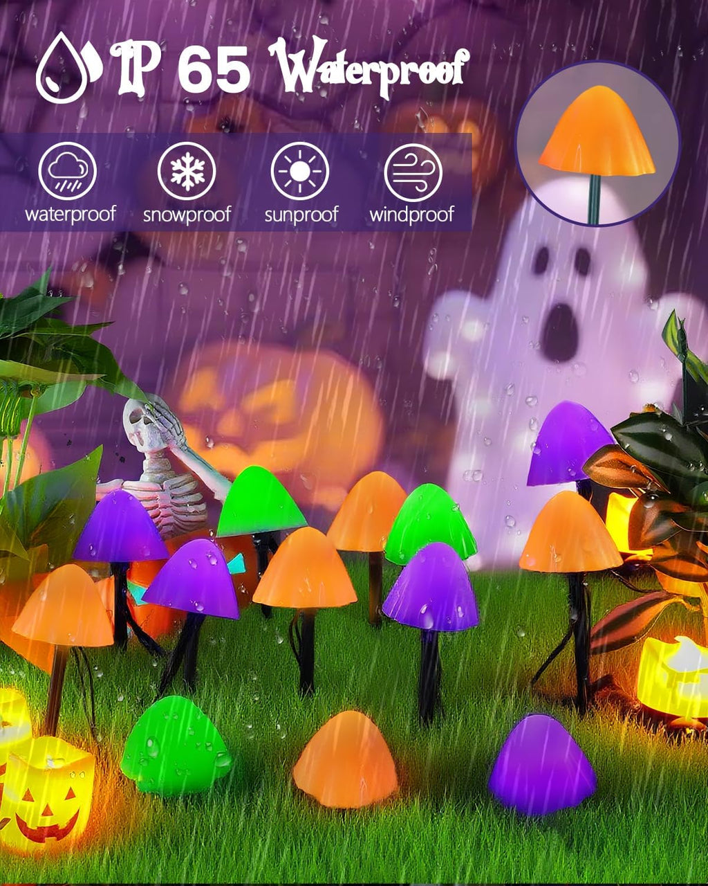 2PK 55FT 32LED Orange and Green Solar Mushroom Lights Outdoor, Solar String Light with 8 Lighting Modes Auto On/Off, Halloween Garden Lights for Witch Decorations