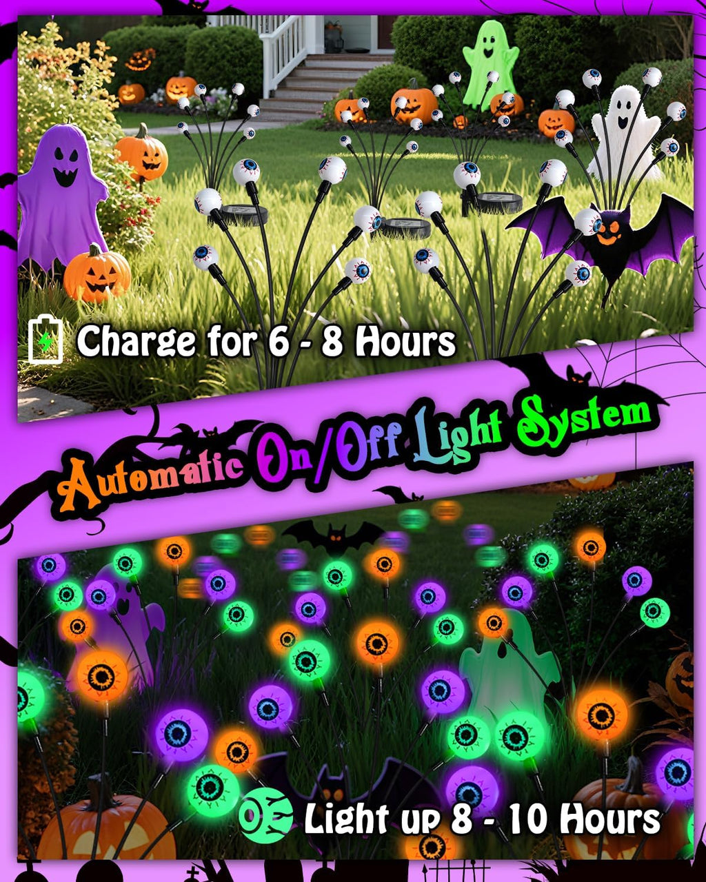 6Pack 36LED Purple, Orange and Green Spider Solar Halloween Lights Outdoor, Solar Swaying Firefly Lights with Spider, Waterproof for Yard, Garden, Pathway, Halloween Decorations
